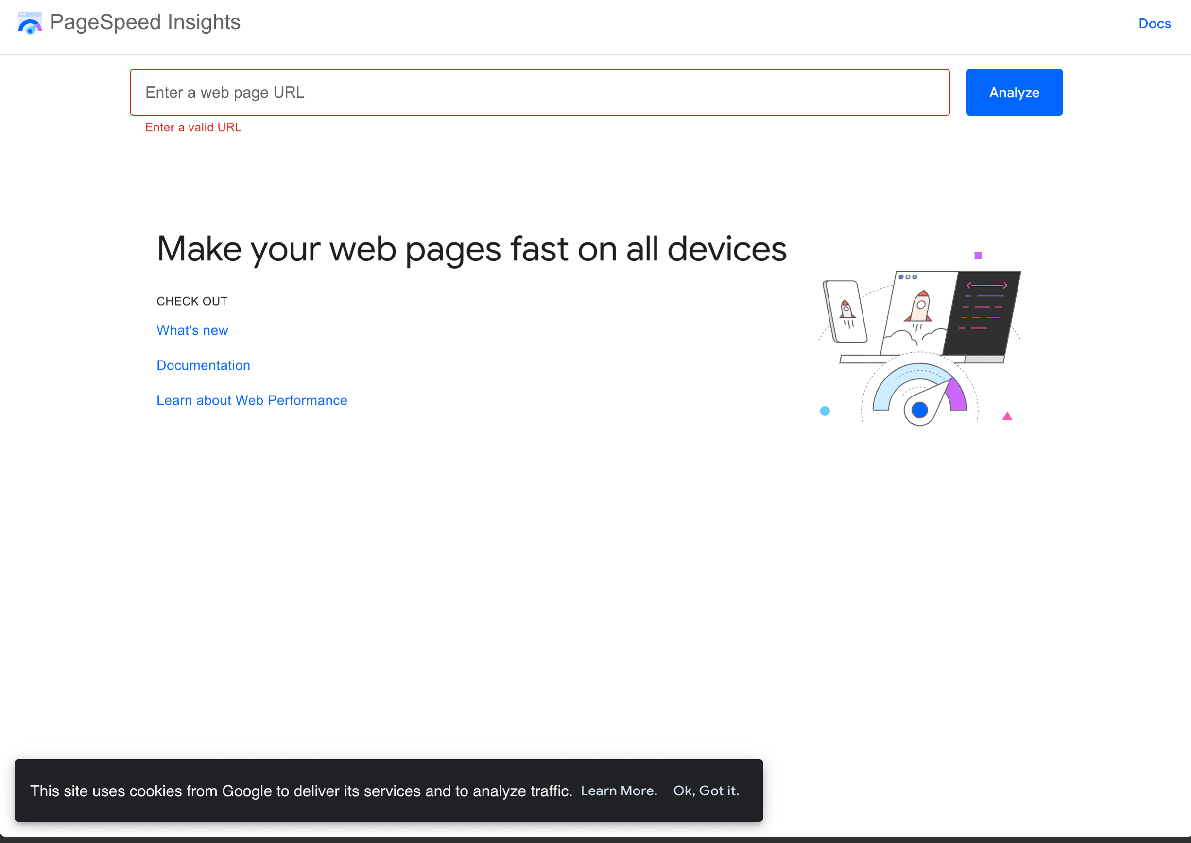 Live Google PageSpeed Insights tool with an empty URL field