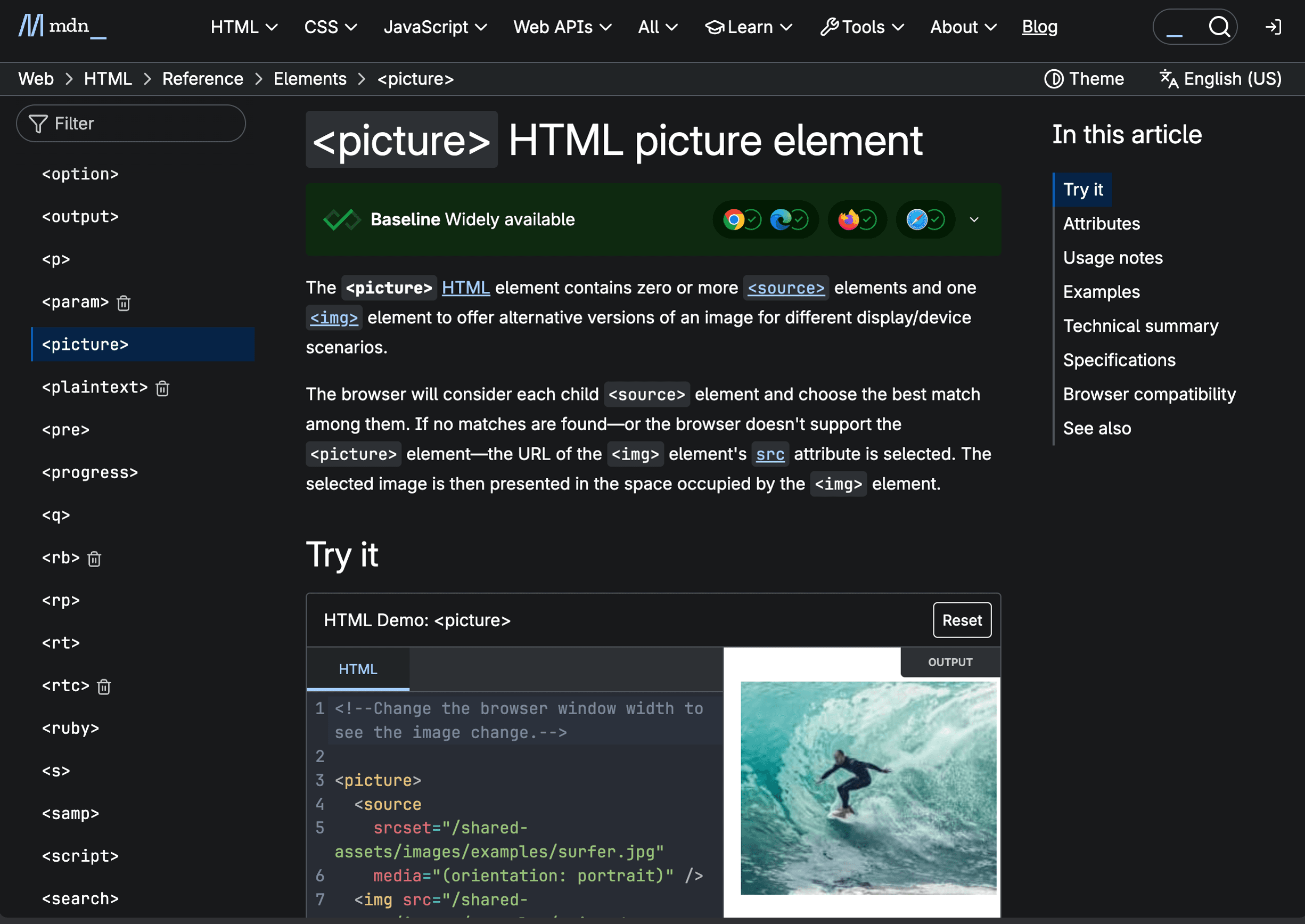 MDN reference for the HTML picture element