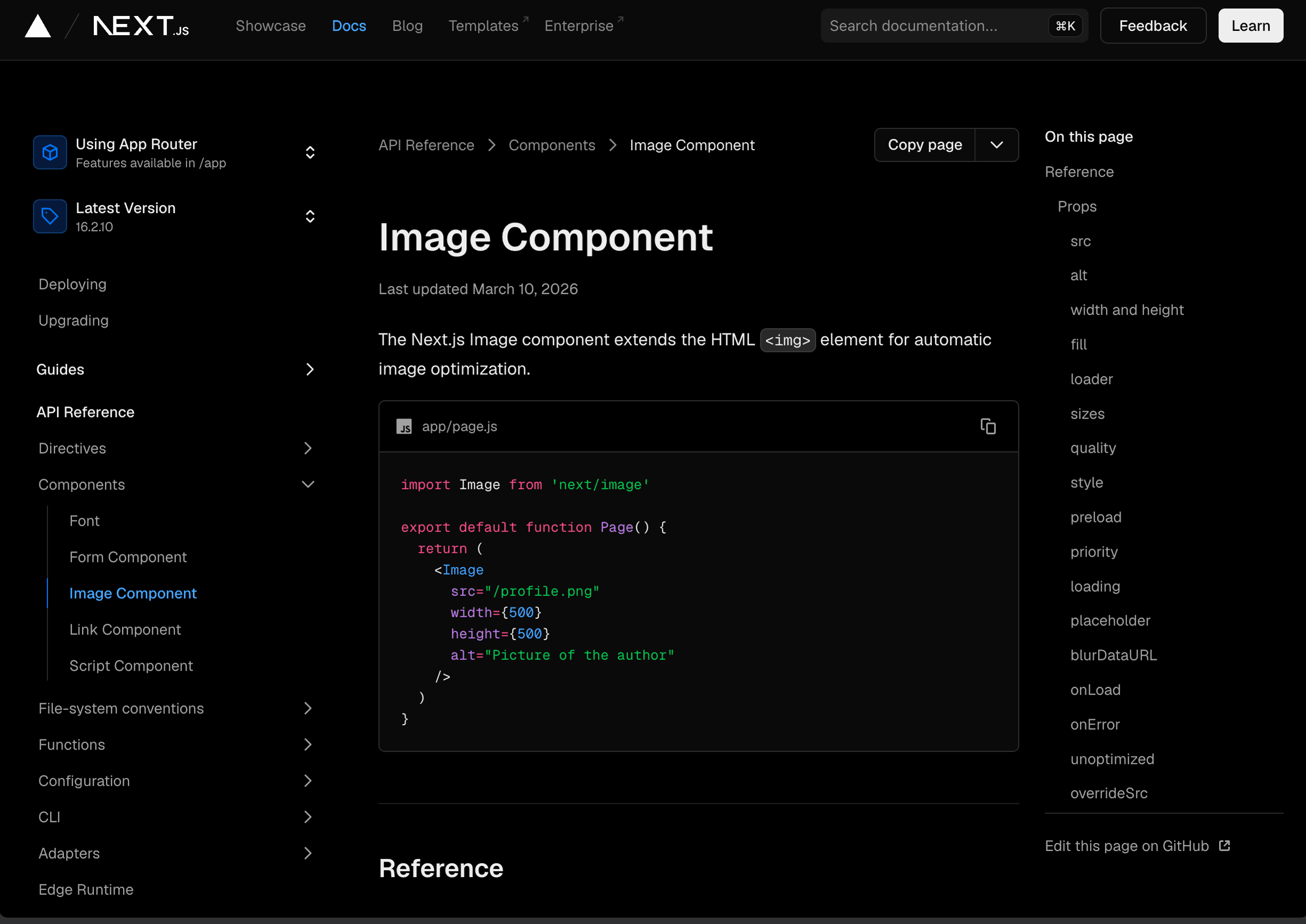 Current Next.js Image component API documentation
