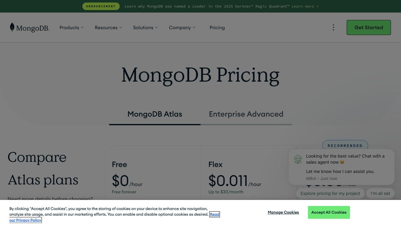 MongoDB Atlas pricing page showing the current Free Flex and Dedicated deployment options
