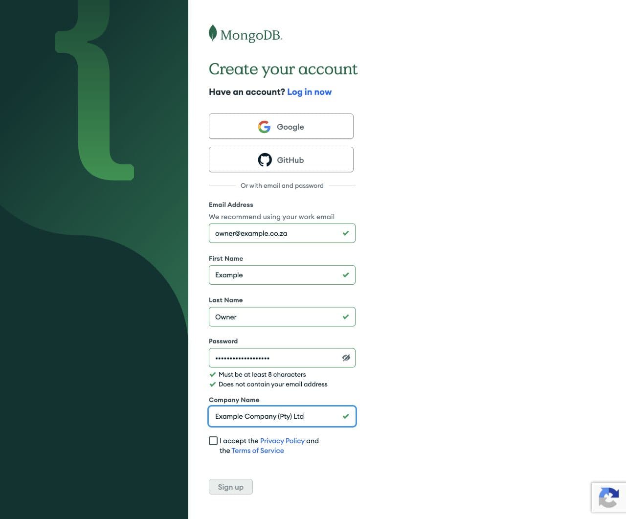 MongoDB registration page showing account sign-up options
