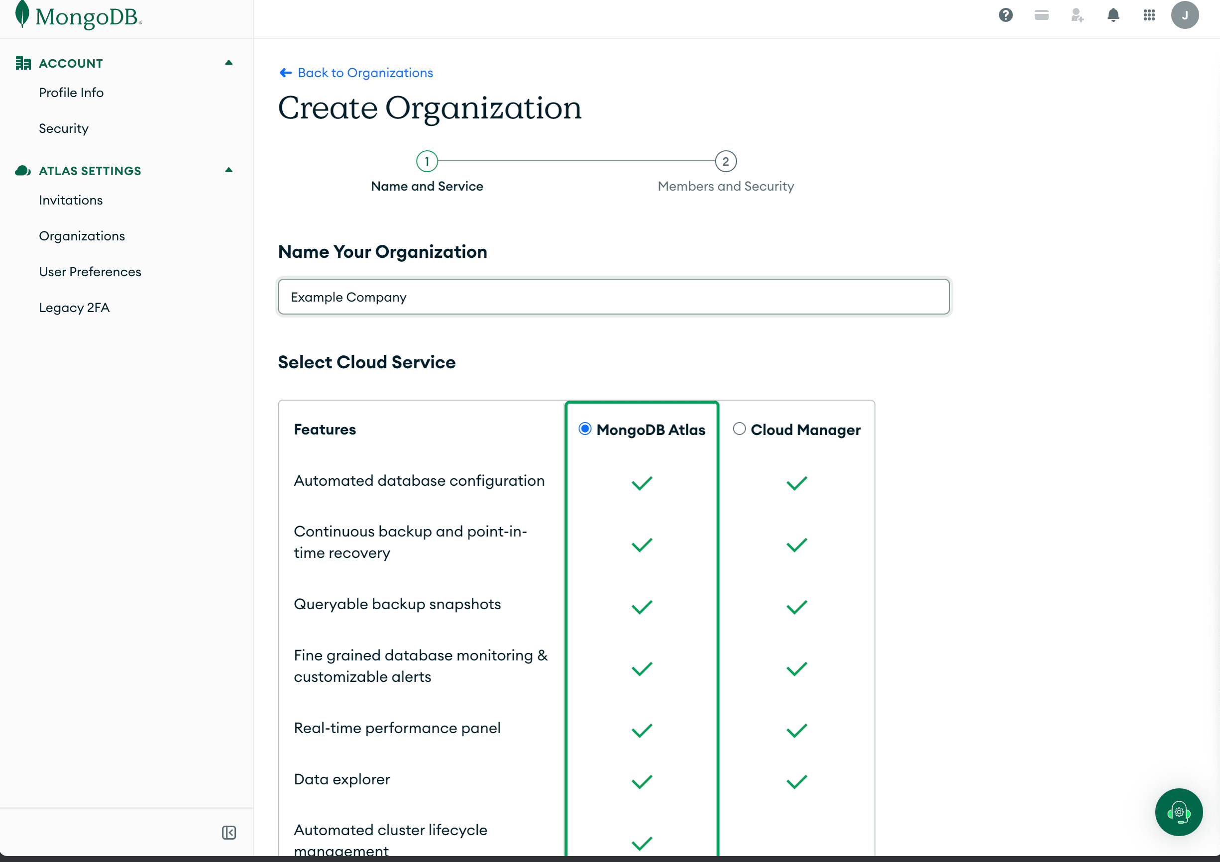 MongoDB Atlas New Organization form with Example Company entered