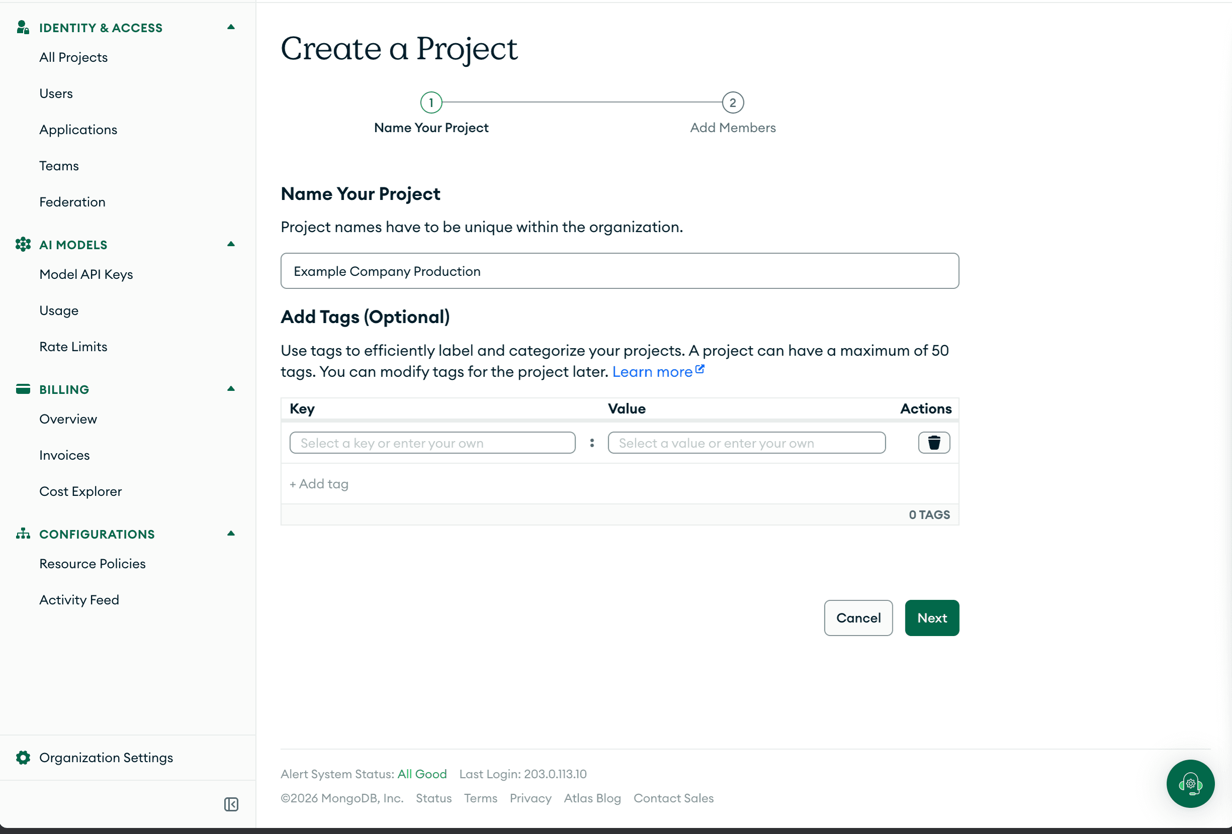 MongoDB Atlas New Project form containing Example Company Production