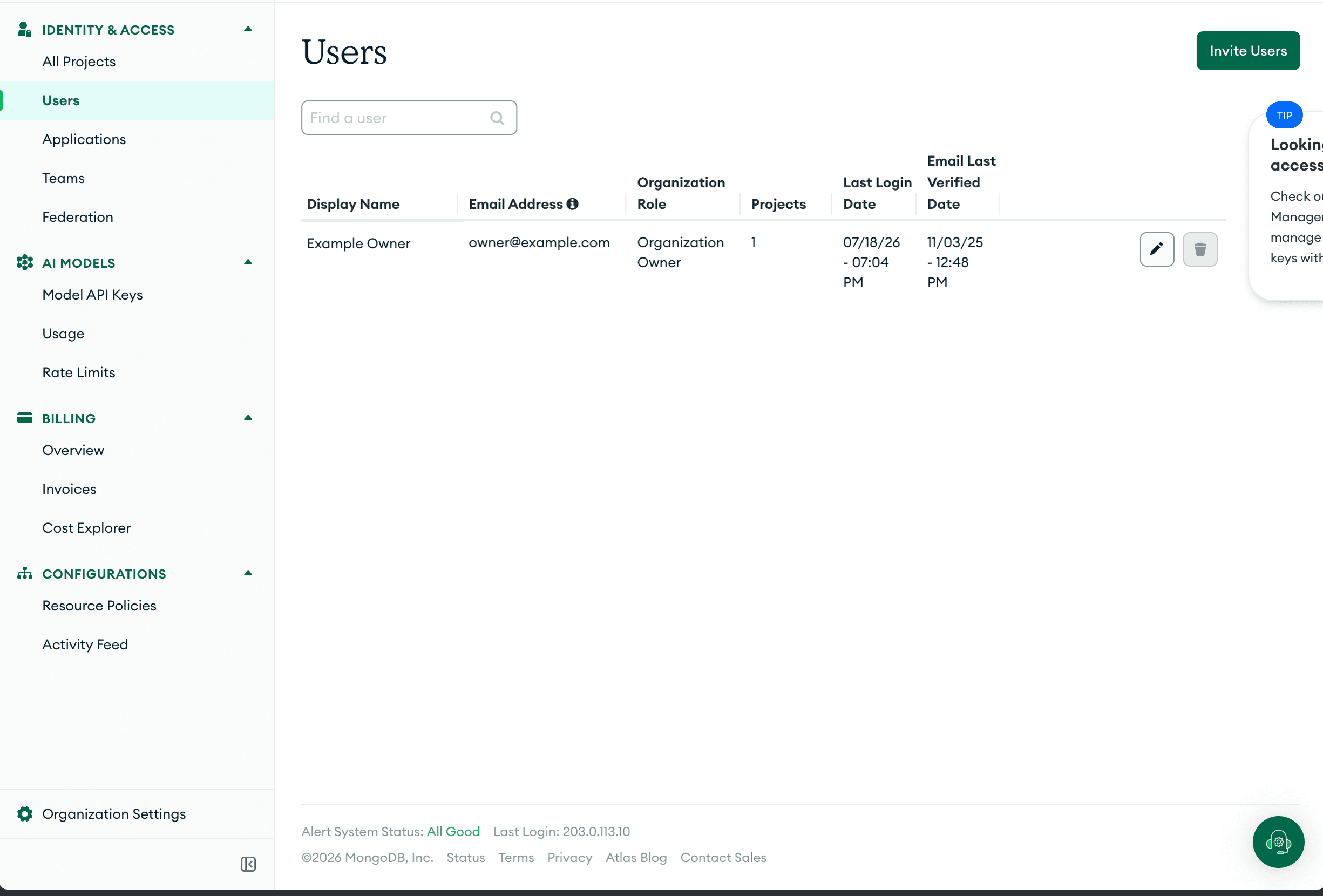 MongoDB Atlas Identity and Access Applications Users tab with Invite Users visible