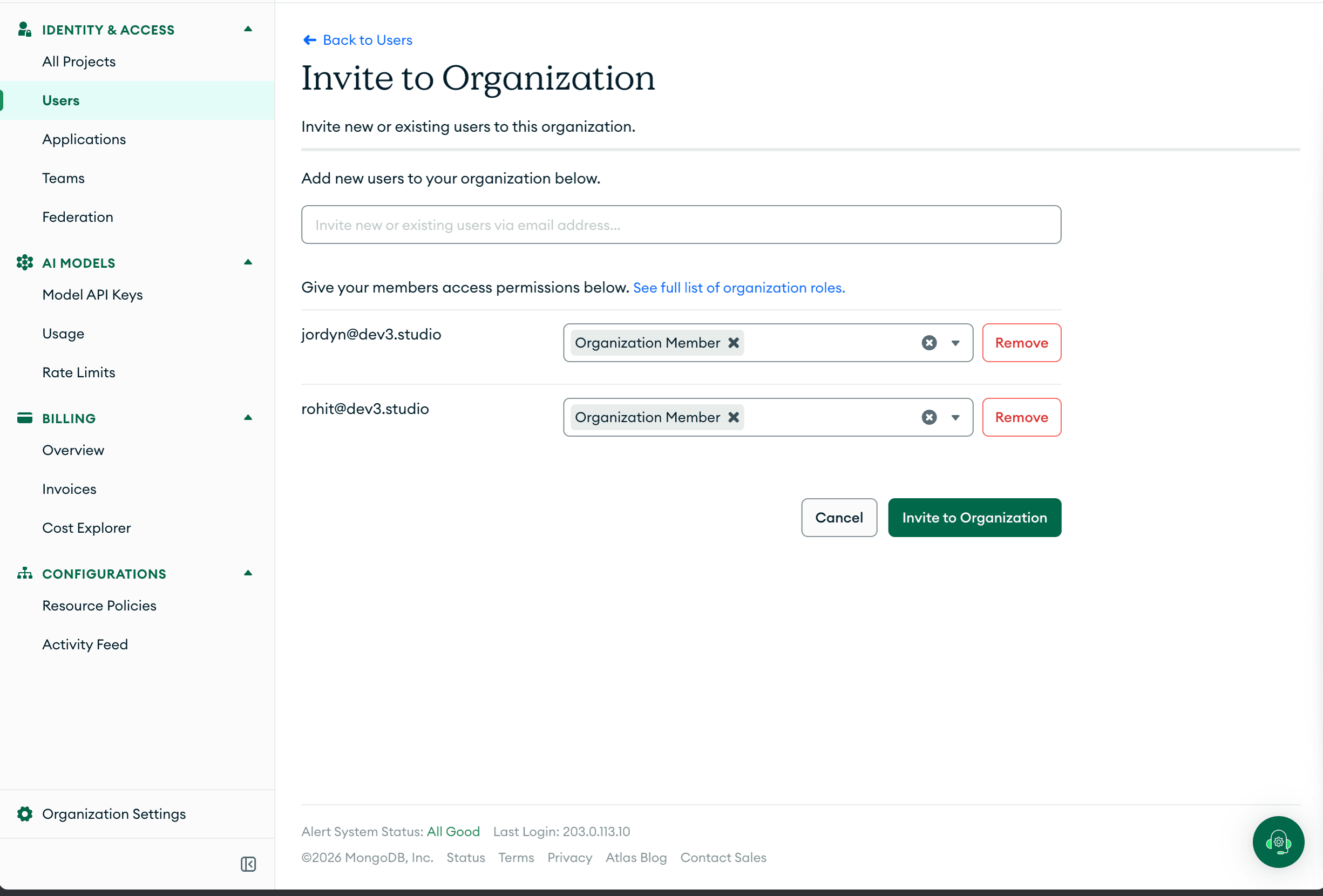 MongoDB Atlas invite users form with both Dev3 Studio addresses as Organization Members
