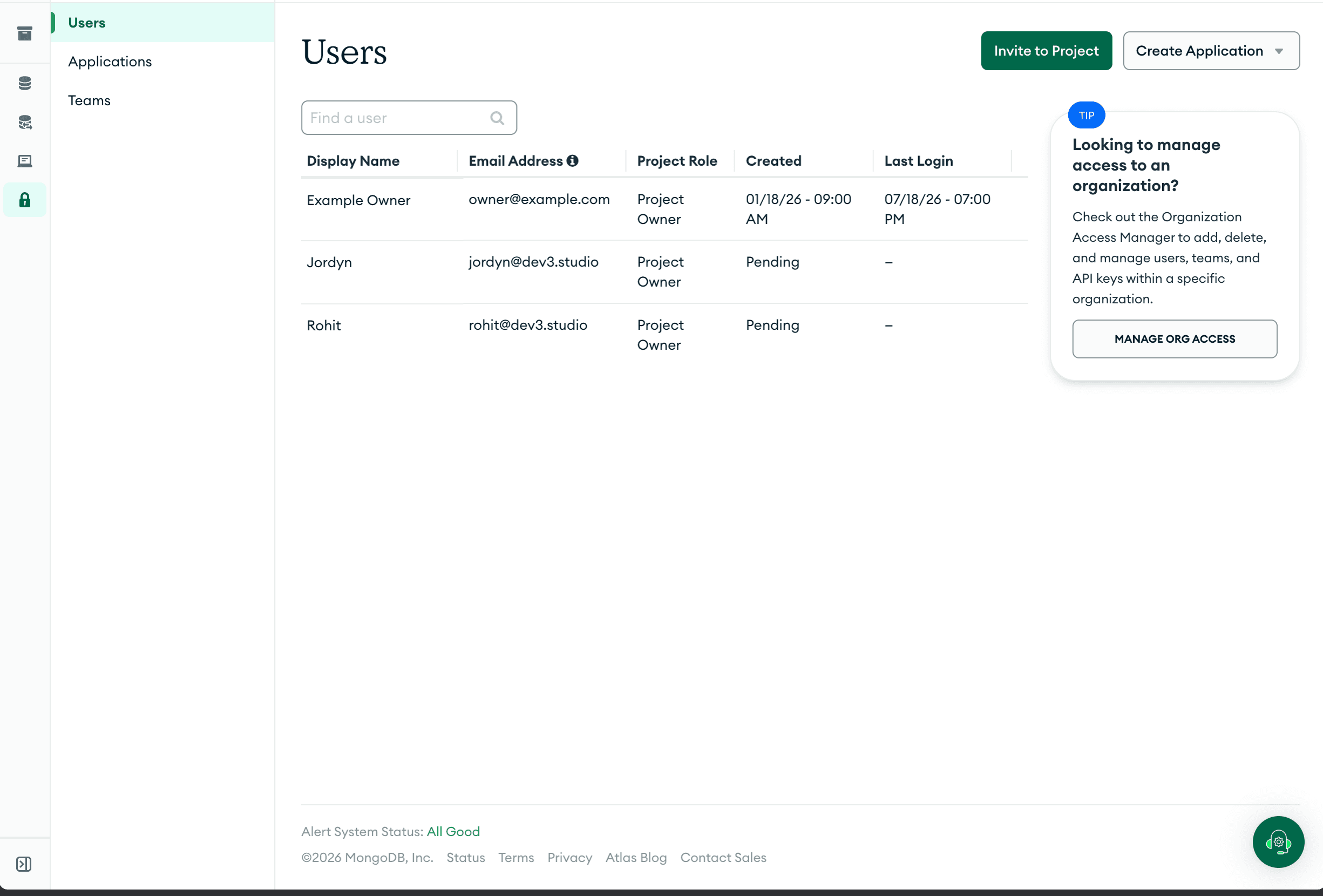 MongoDB Atlas project access assignment showing both Dev3 Studio users as Project Owners