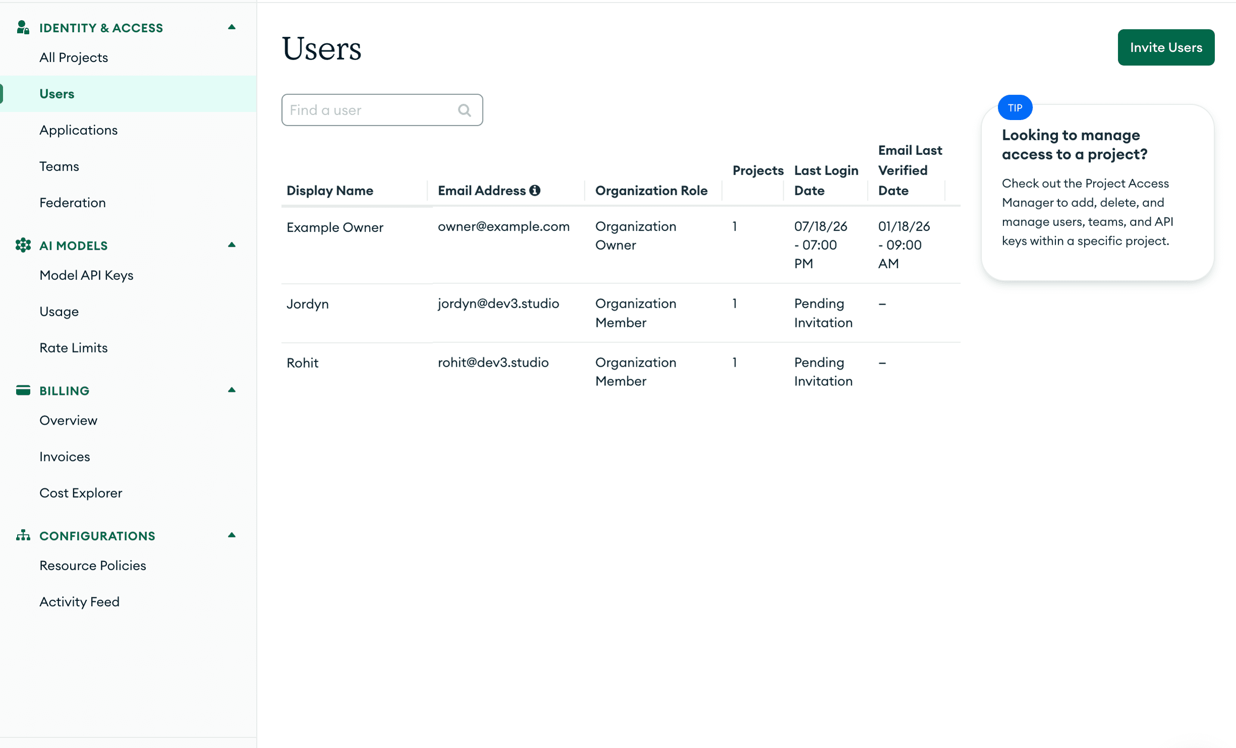 MongoDB Atlas users list showing both Dev3 Studio invitations as pending