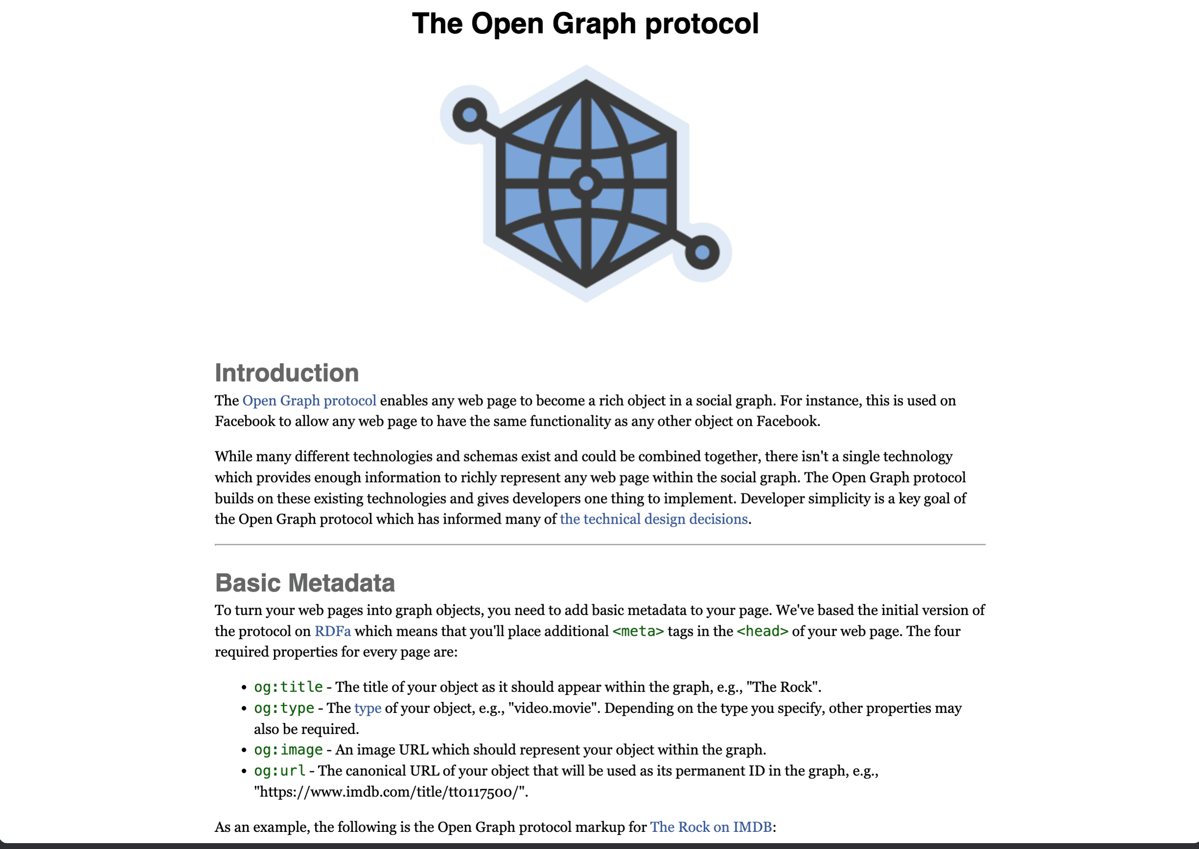 The official Open Graph protocol website and its basic metadata example