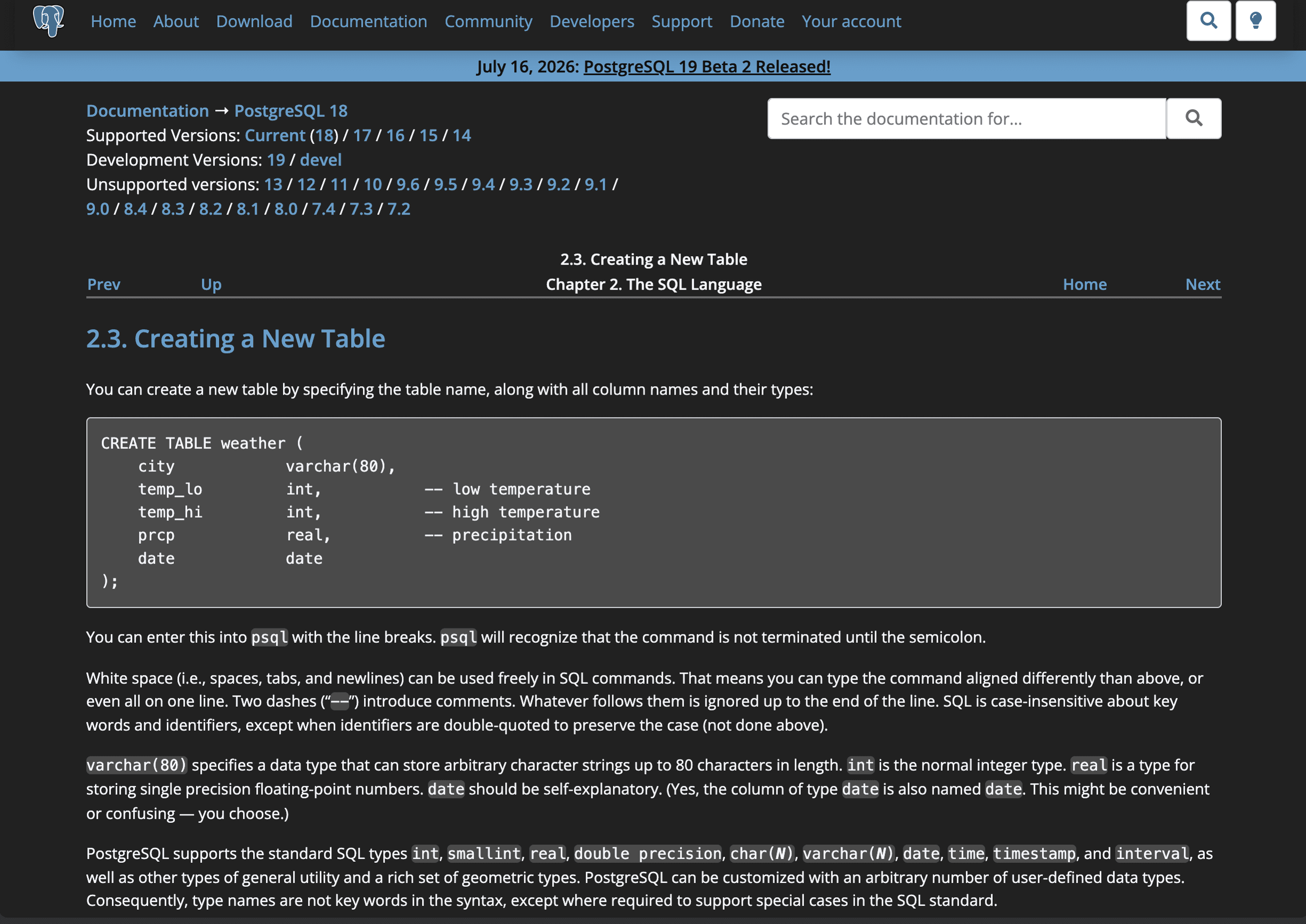 PostgreSQL tutorial documentation for creating and populating a table