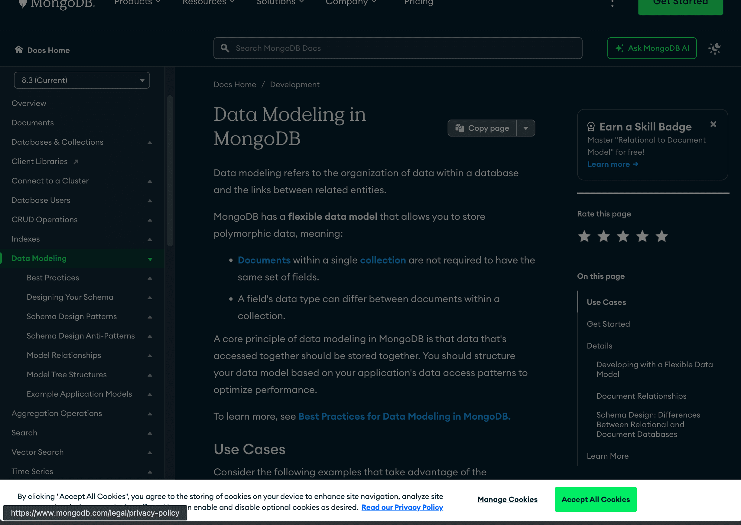 MongoDB documentation introducing data modeling with documents