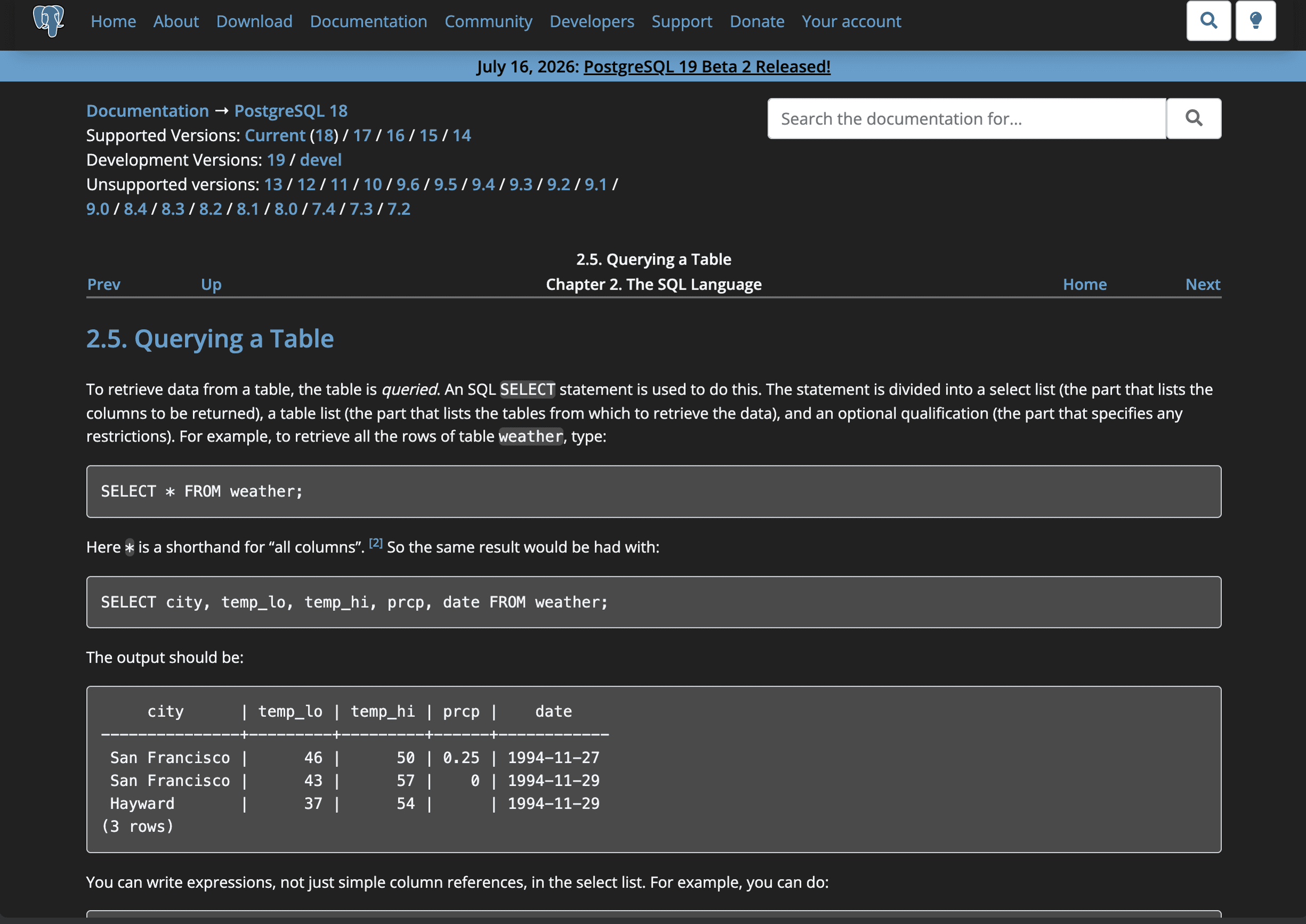 PostgreSQL tutorial documentation for querying a table
