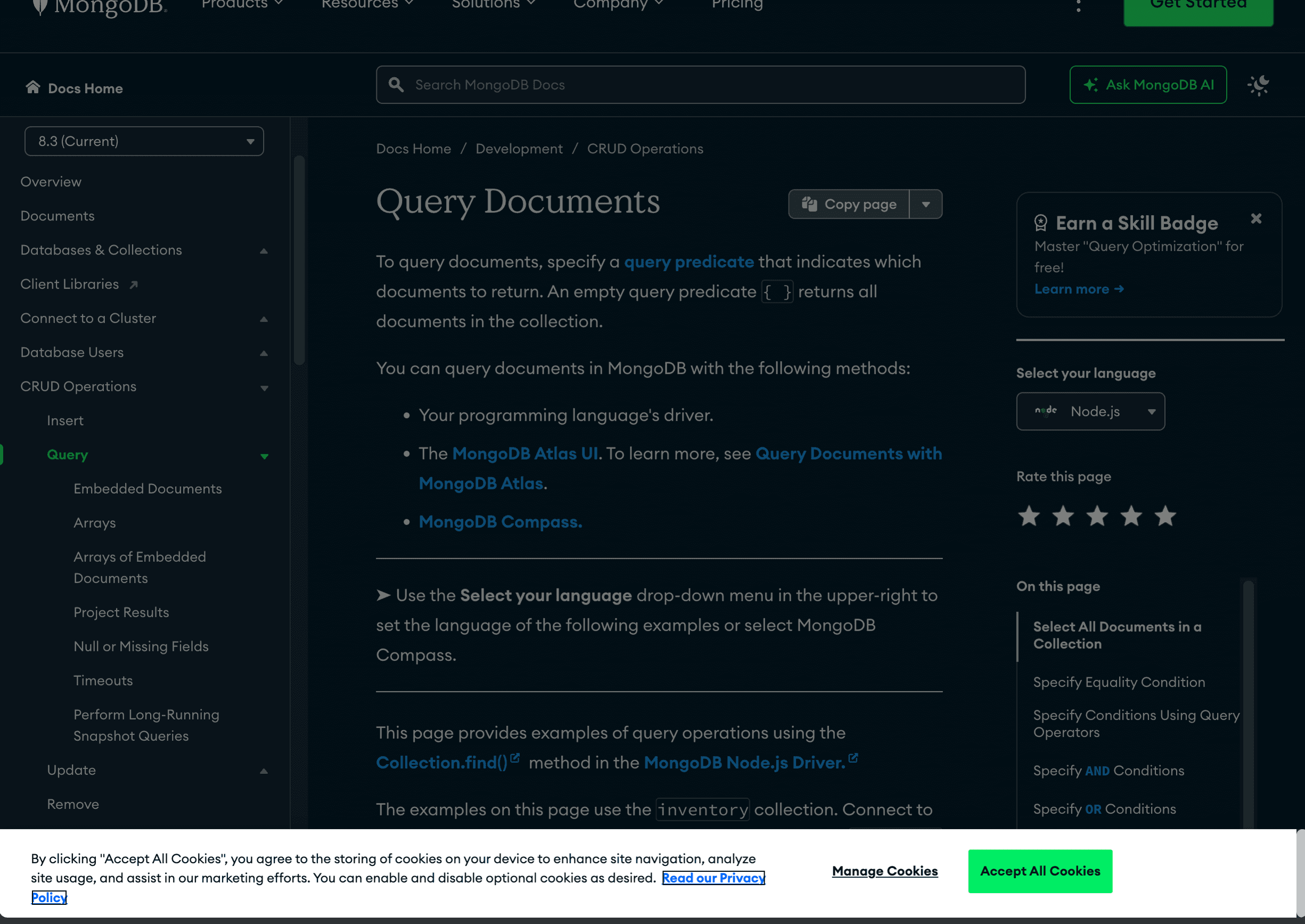 MongoDB documentation for querying documents