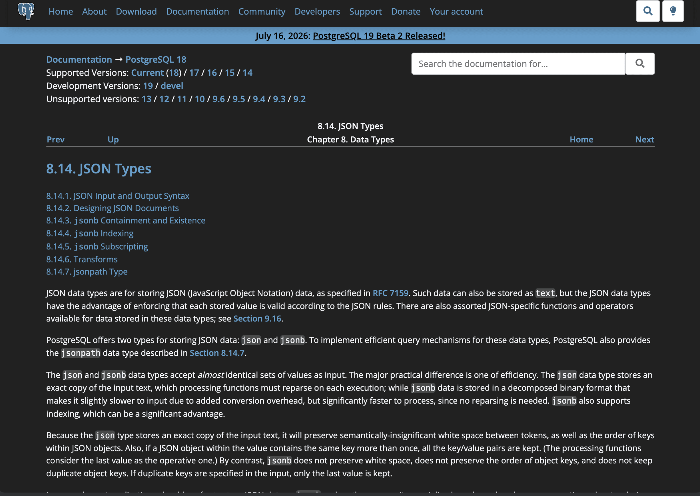 PostgreSQL documentation for JSON and JSONB data types