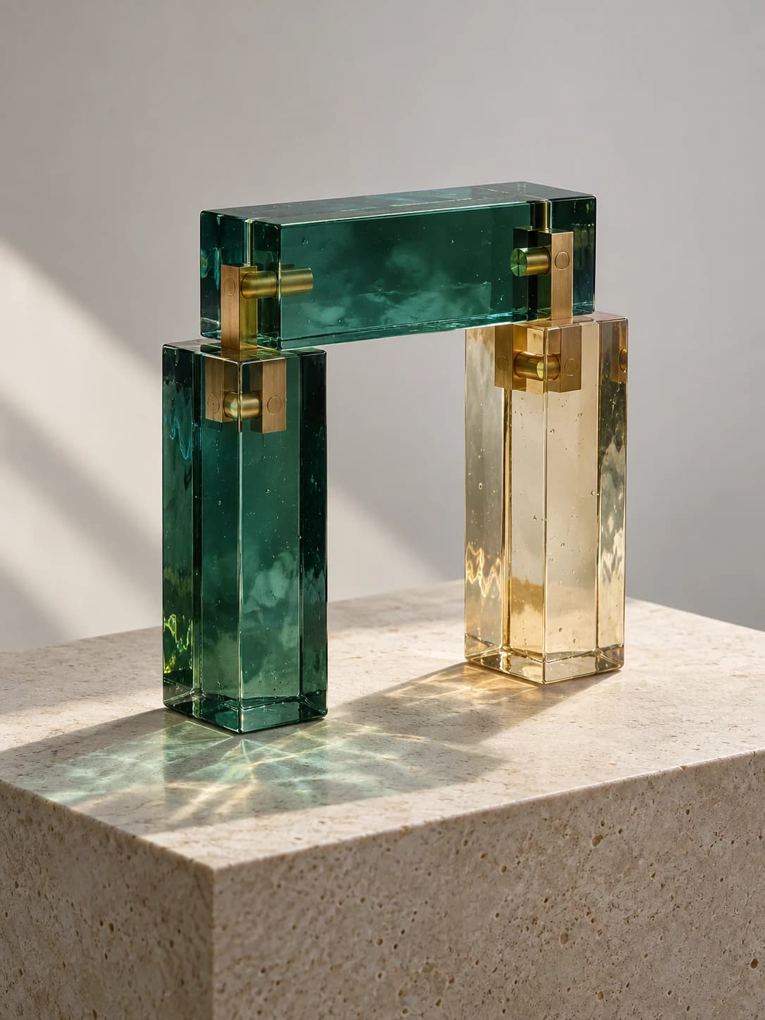 A small arch built from teal and amber glass blocks joined with brass fittings, standing on a stone plinth