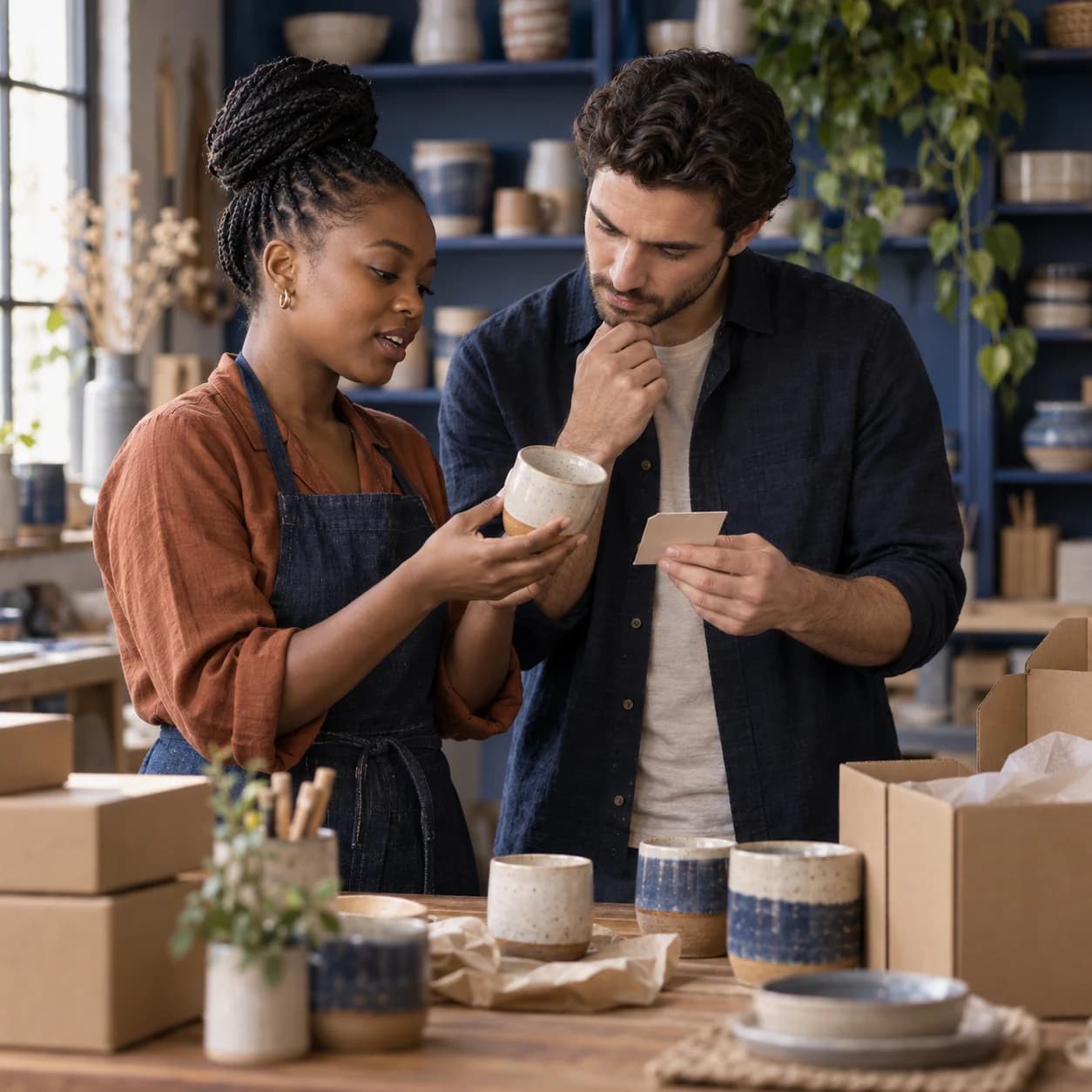 A homeware founder and consultant examining a ceramic product and its card at a packing bench