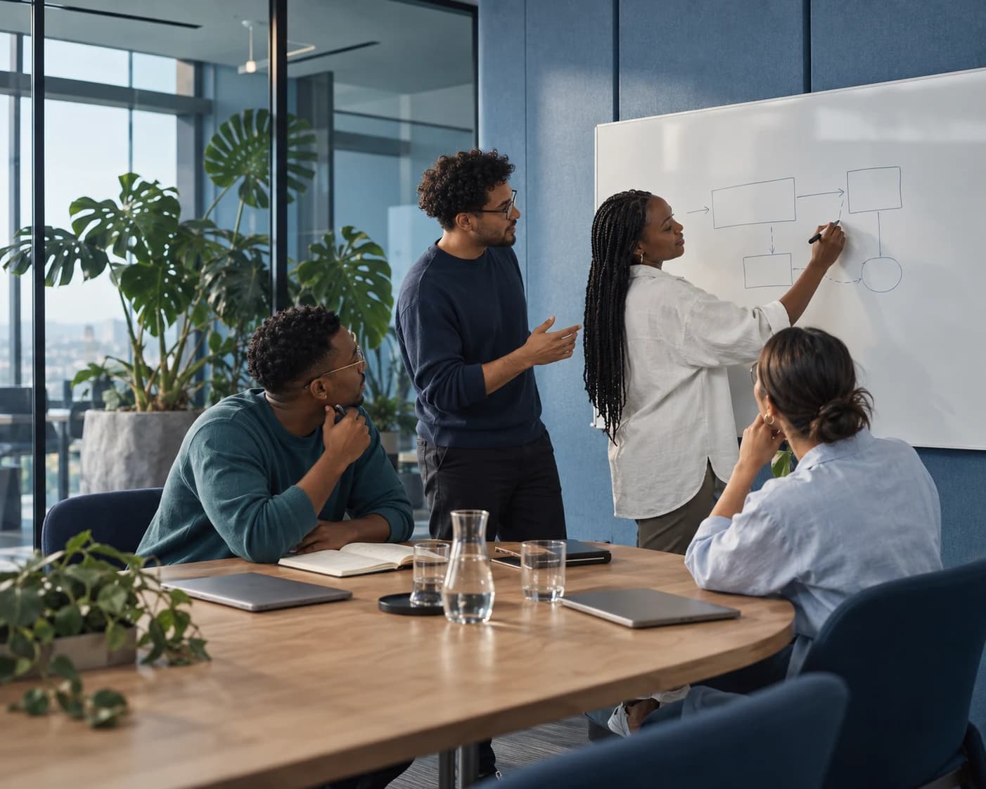 Four young colleagues working through an idea on a whiteboard in a blue-toned boardroom with plants