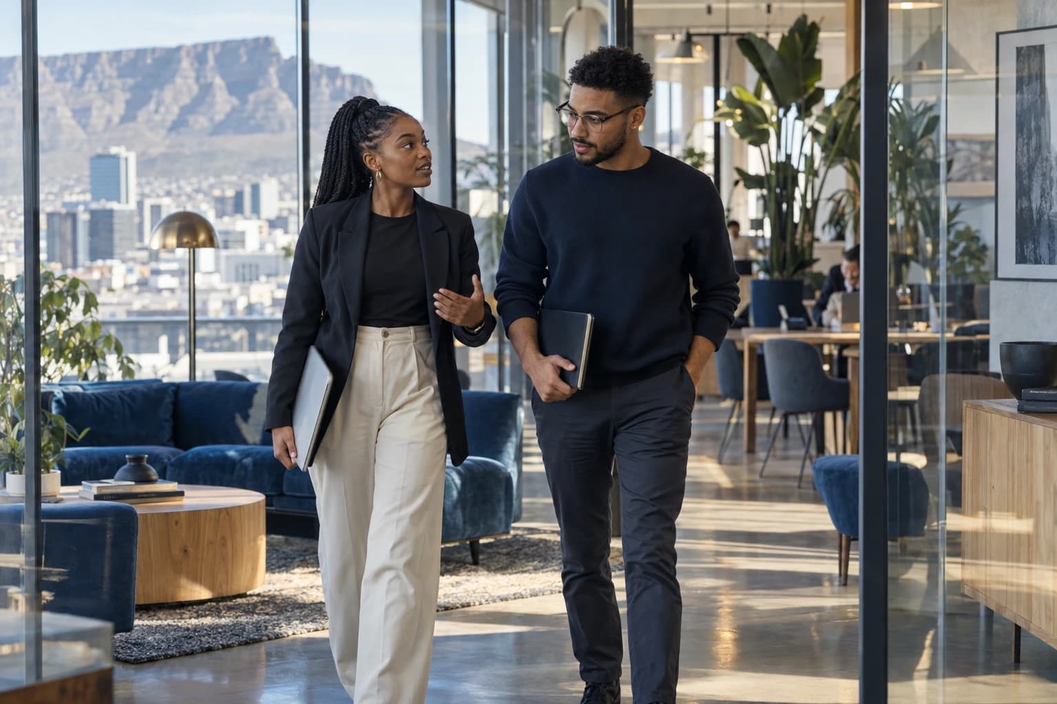 Two young professionals discussing their next project while walking through a bright Cape Town office