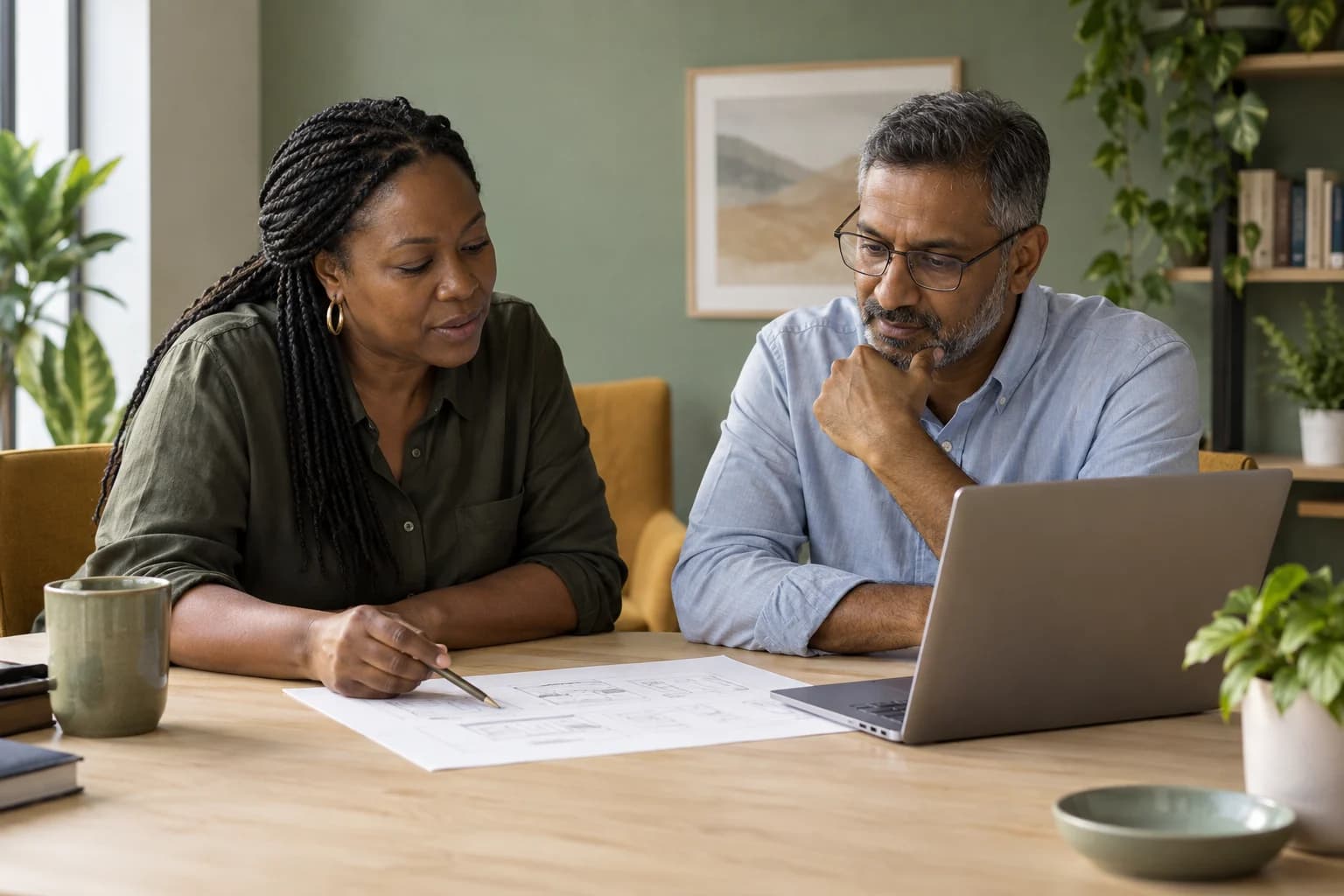 Two people discussing notes together at a studio table