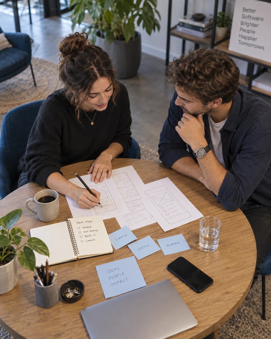 An entrepreneur and designer exploring app ideas with paper sketches at a studio table