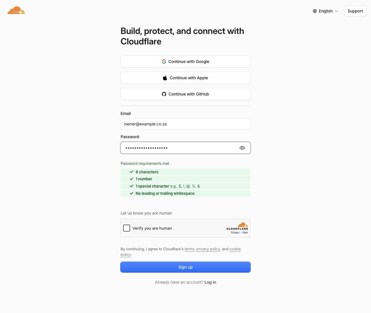 Cloudflare account sign-up page with a business email field