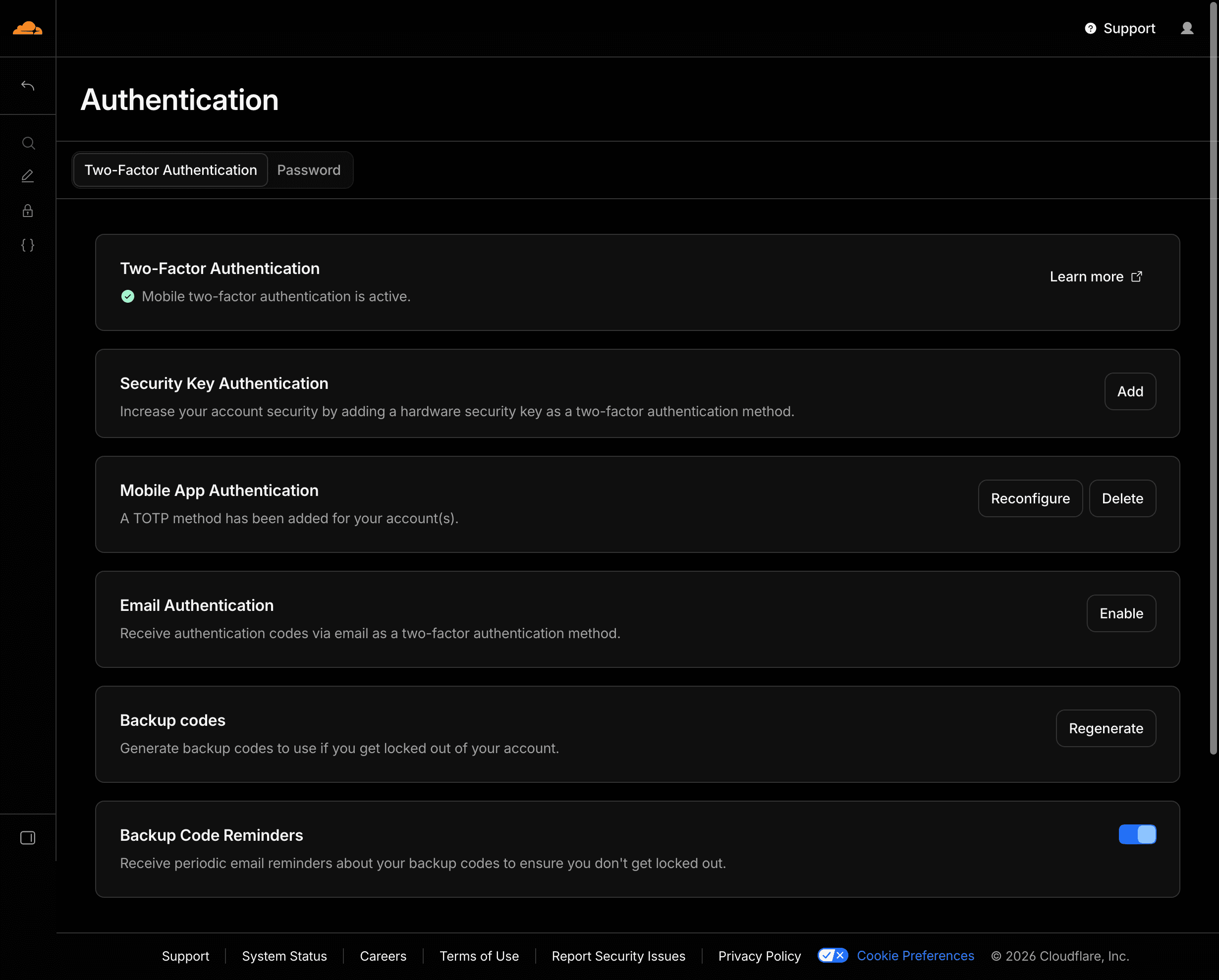 Cloudflare Authentication settings showing two-factor authentication enabled
