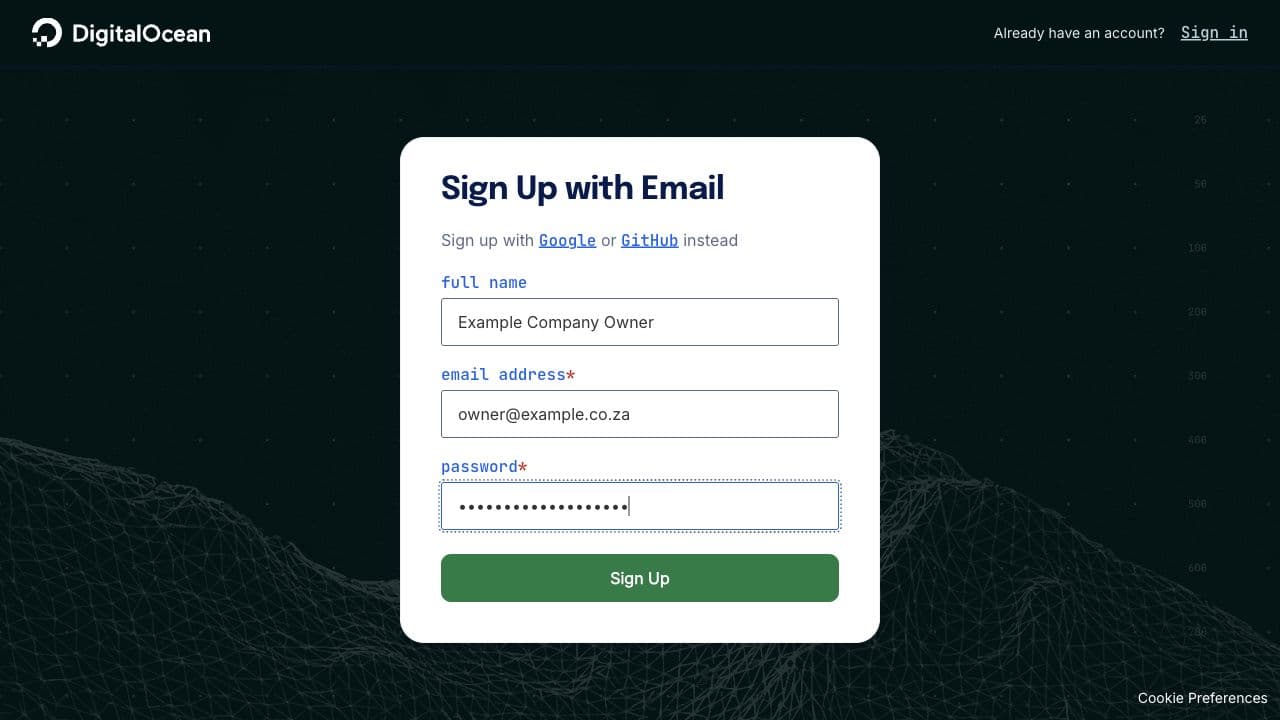 DigitalOcean email registration form completed with fictional example details