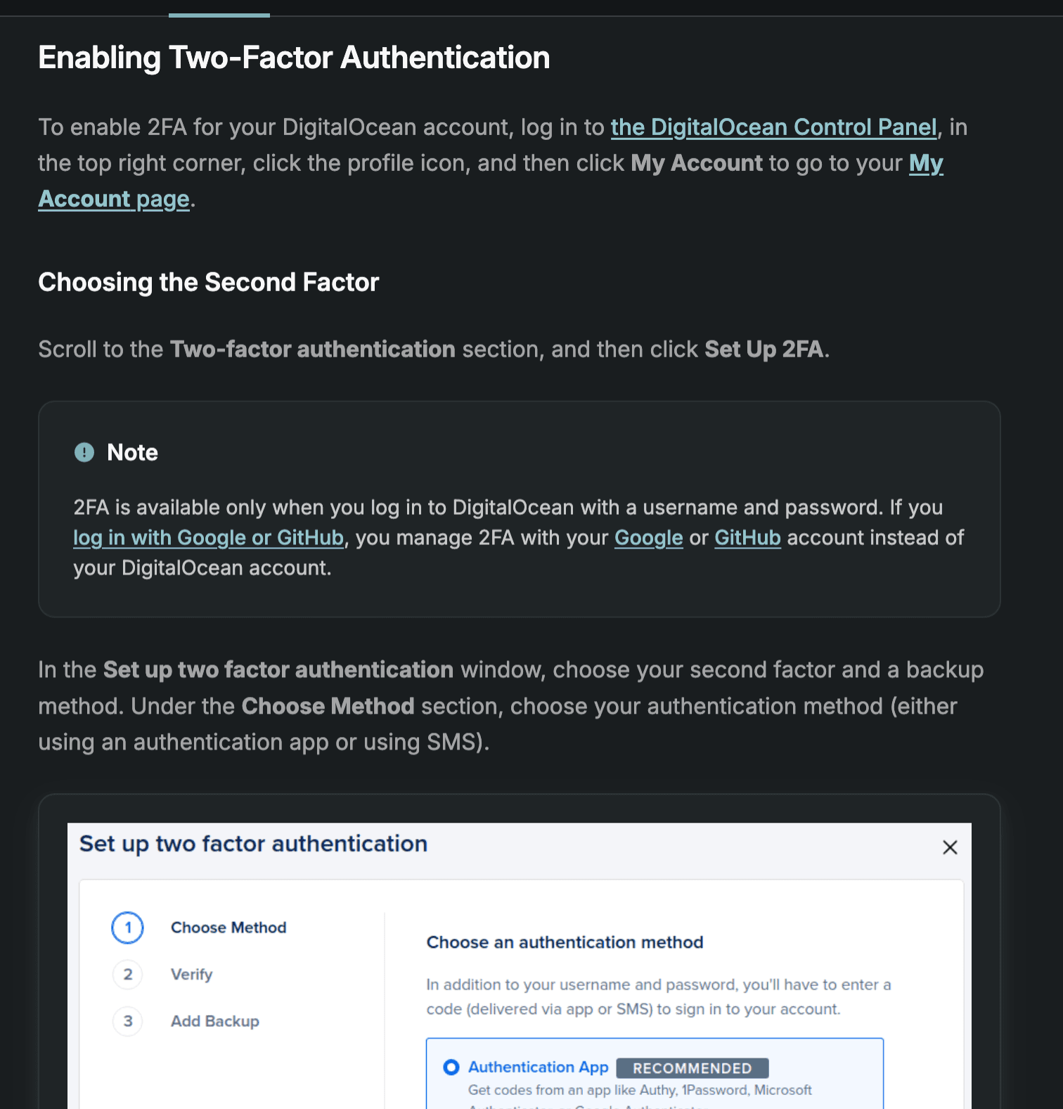 DigitalOcean documentation explaining how to enable two-factor authentication