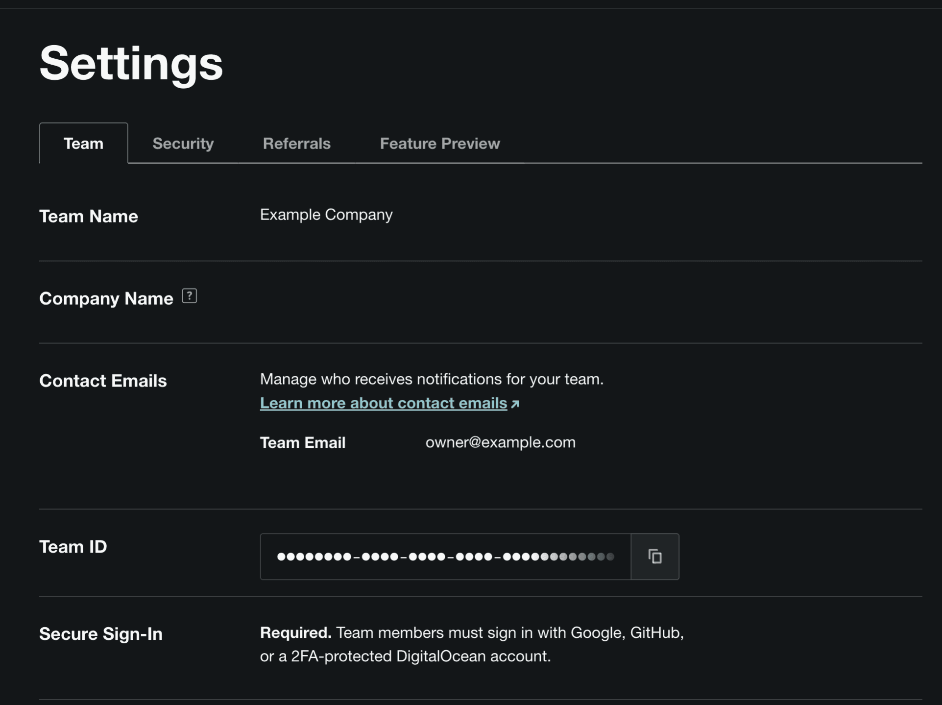 DigitalOcean Team Settings showing the team name and contact email
