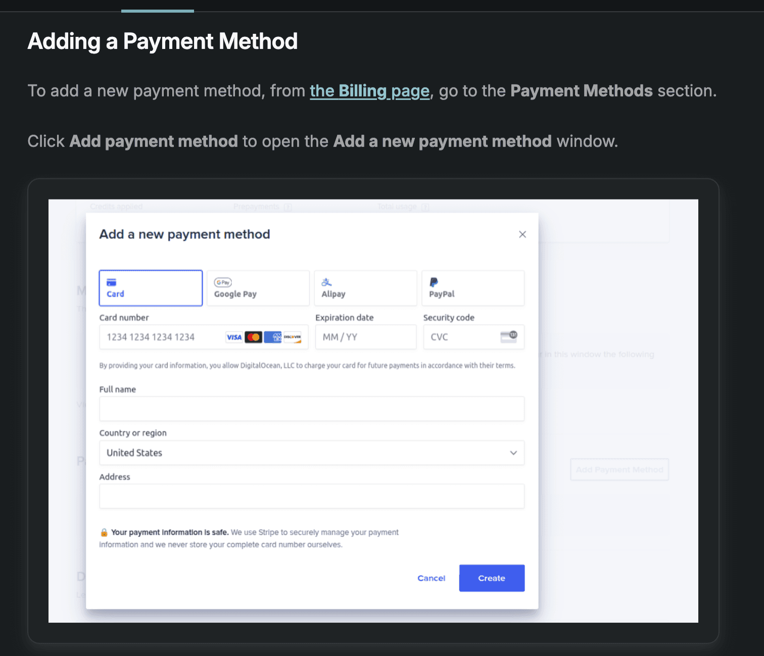 DigitalOcean documentation showing the official add payment method form