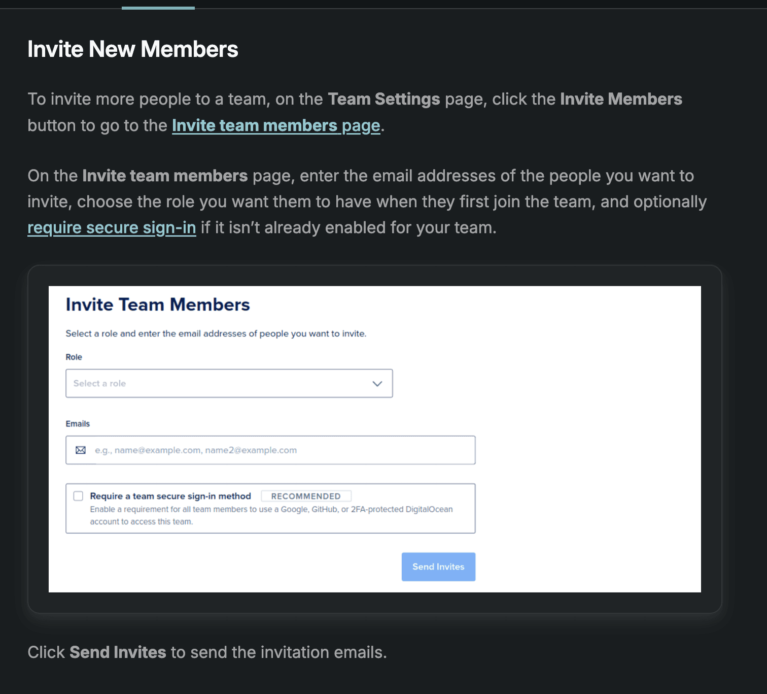 DigitalOcean documentation showing the official team member invite form