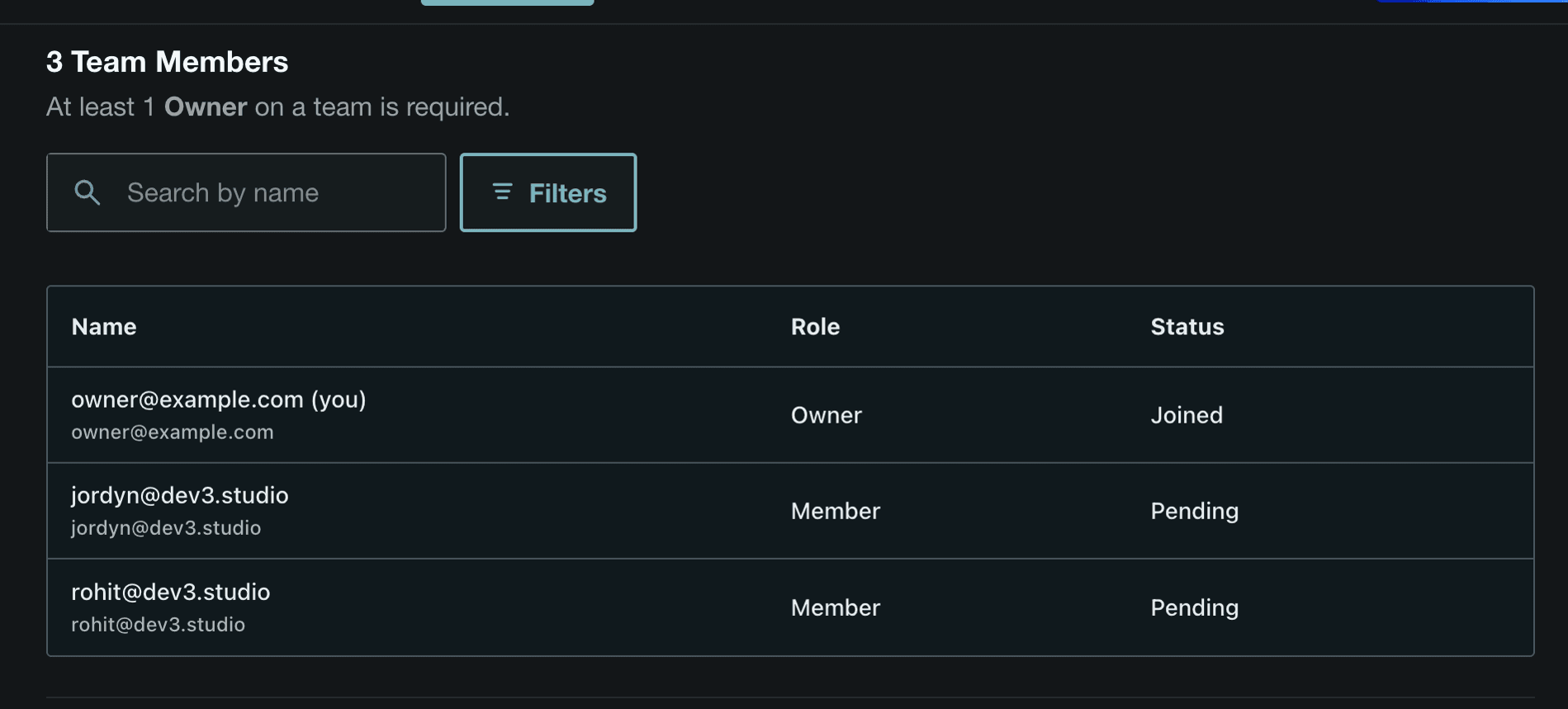 DigitalOcean member list showing both Dev3 Studio invitations as pending Members