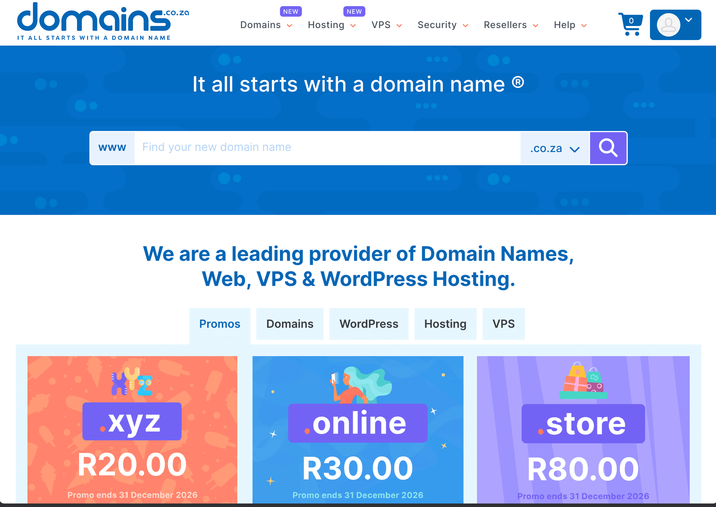 Live Domains.co.za homepage showing examples of available domain extensions and current promotional prices