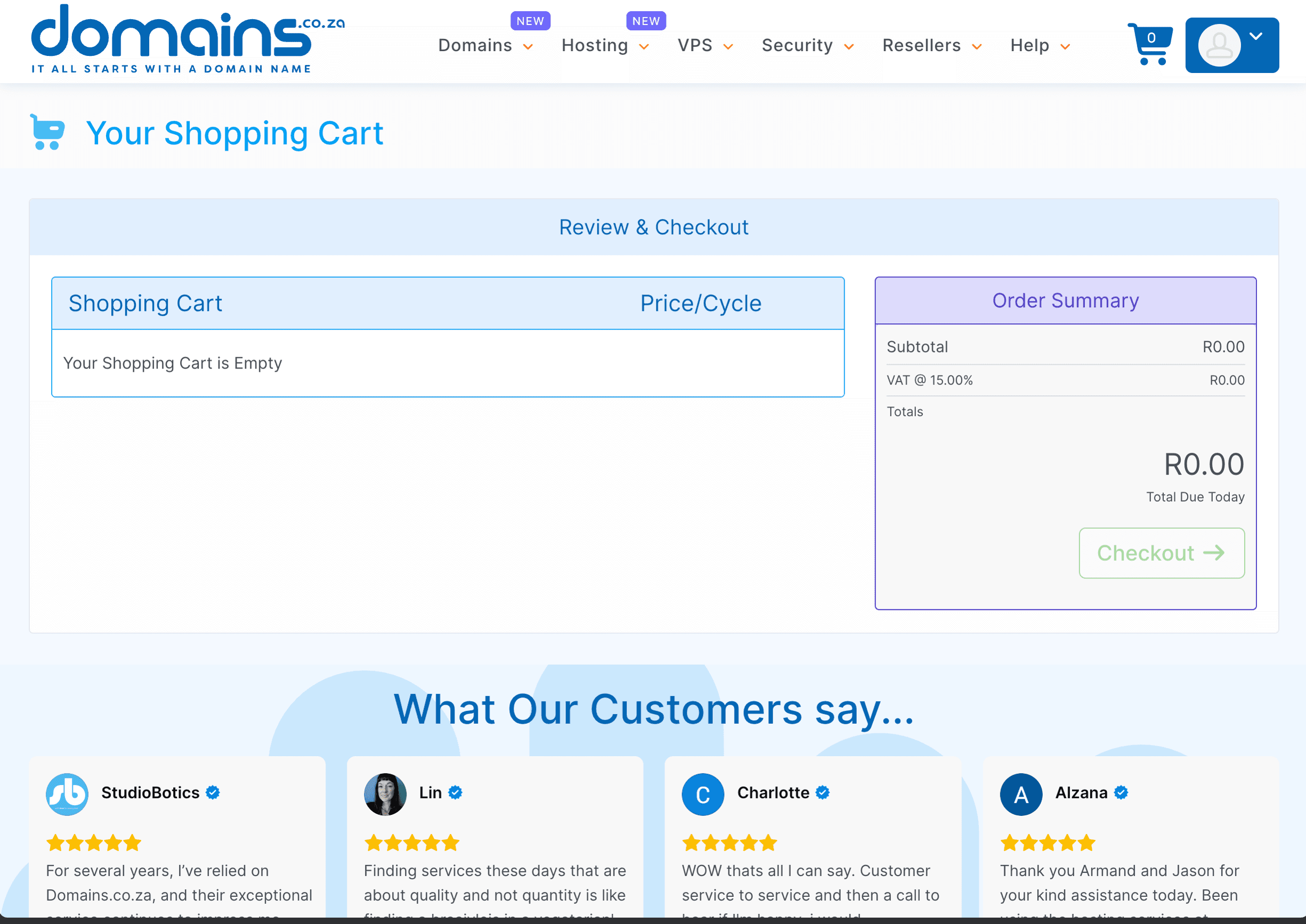 Live Domains.co.za checkout page showing an empty shopping cart for a new customer