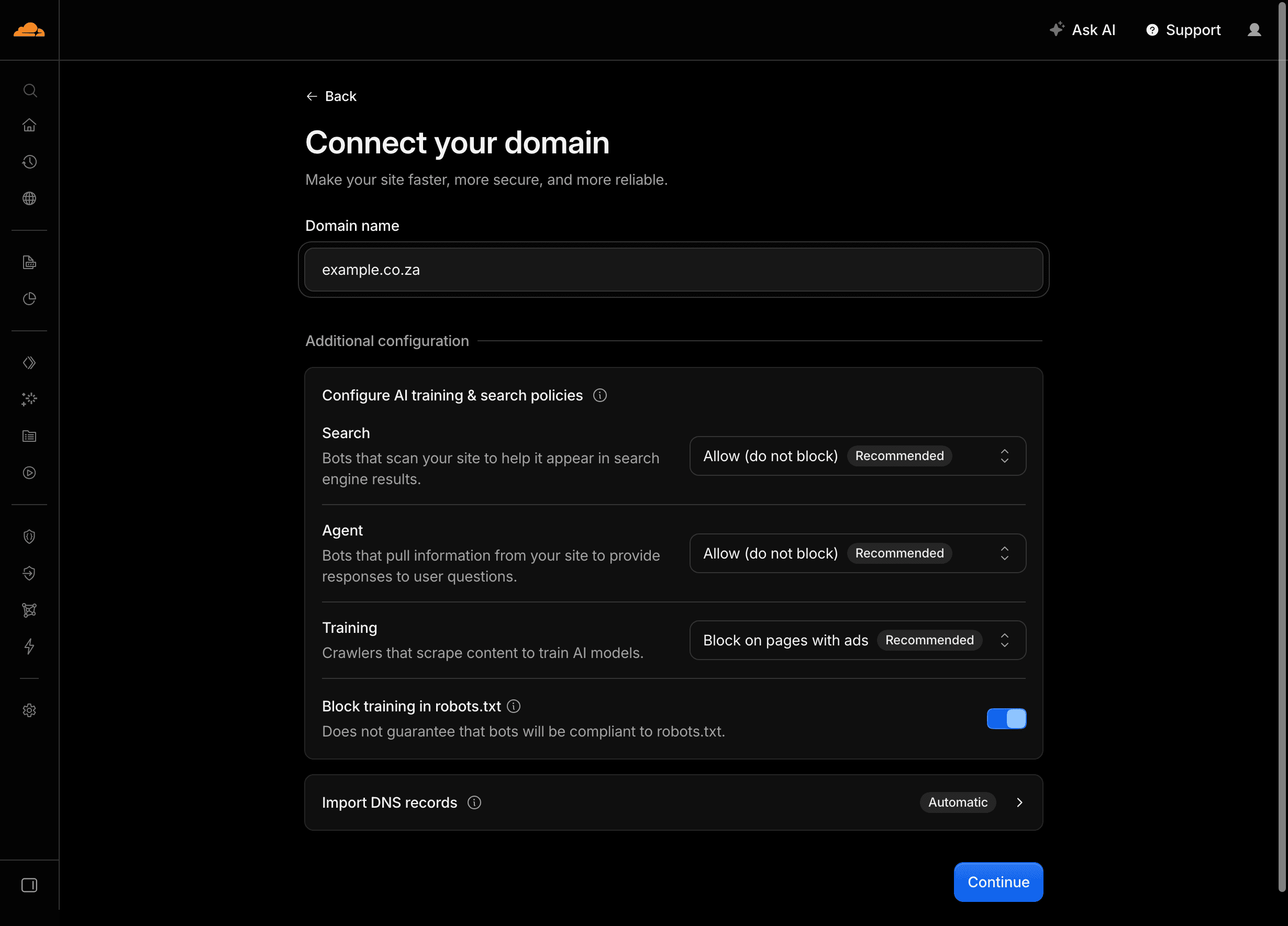 Cloudflare Add a domain screen with example.co.za entered