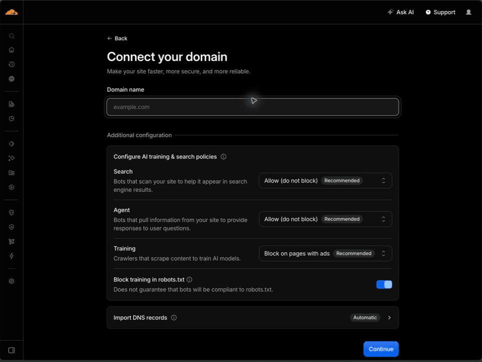 Cloudflare Connect your domain form in a fresh account