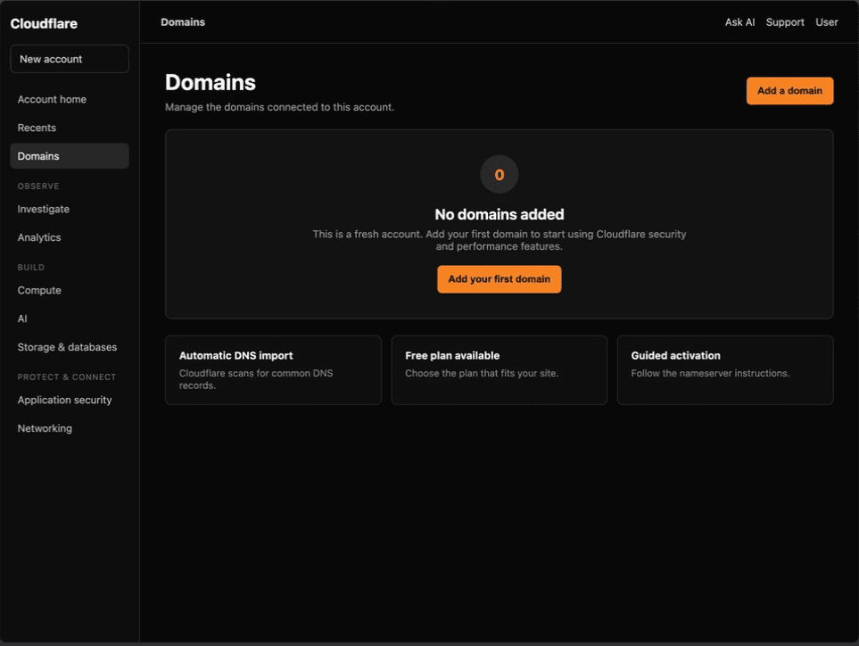 Cloudflare Domains empty state in a fresh account