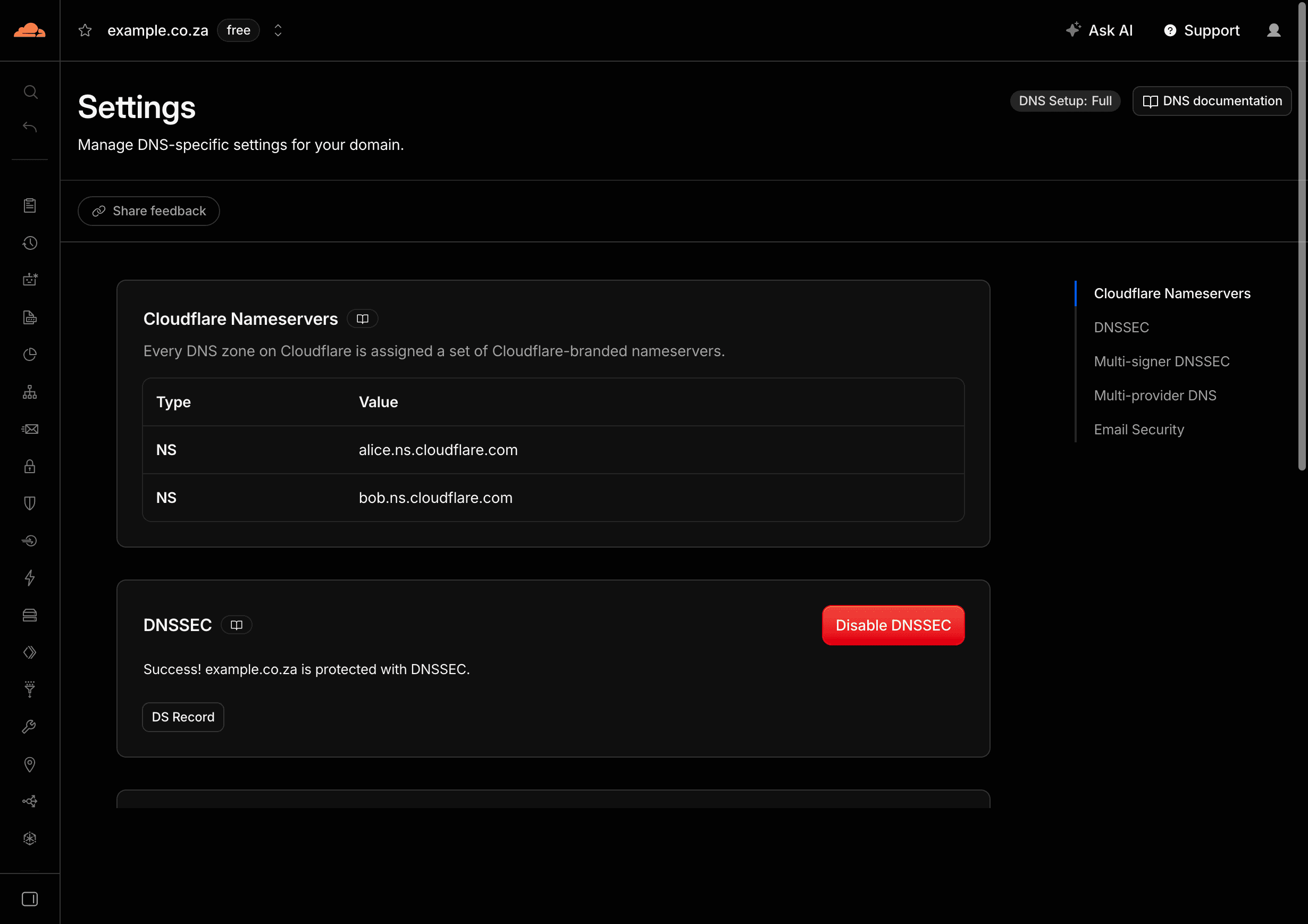 Cloudflare DNSSEC settings showing the domain protected after activation