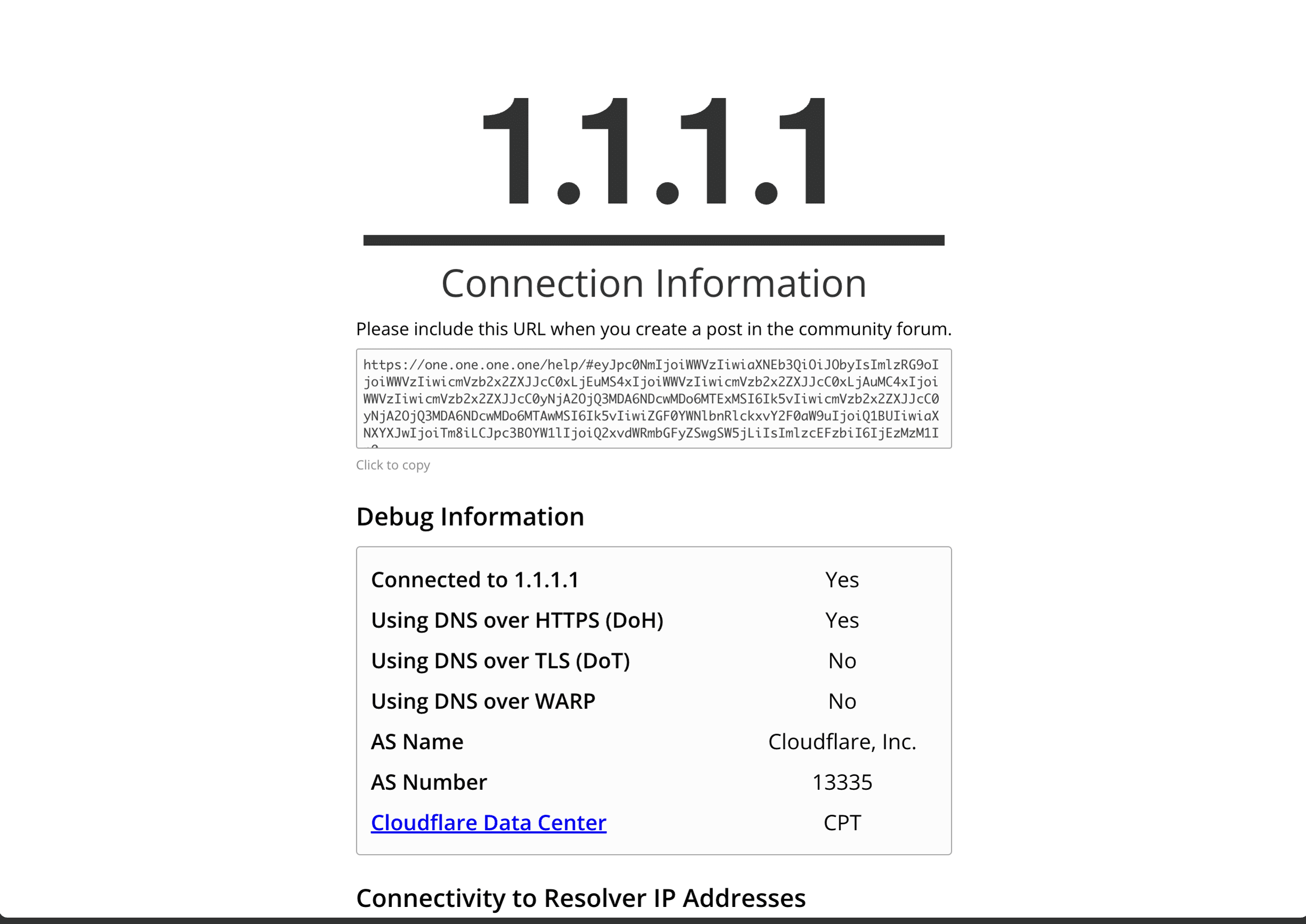 Cloudflare 1.1.1.1 connection-information page confirming the browser can reach Cloudflare
