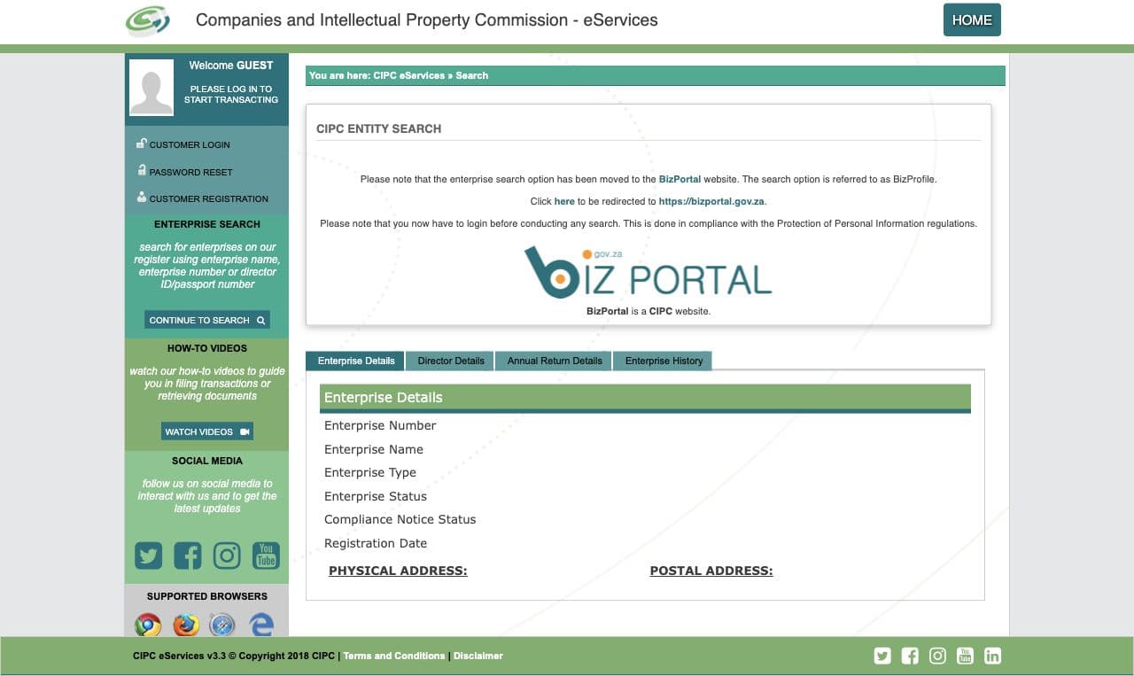 CIPC eServices enterprise search notice explaining that BizProfile now requires login