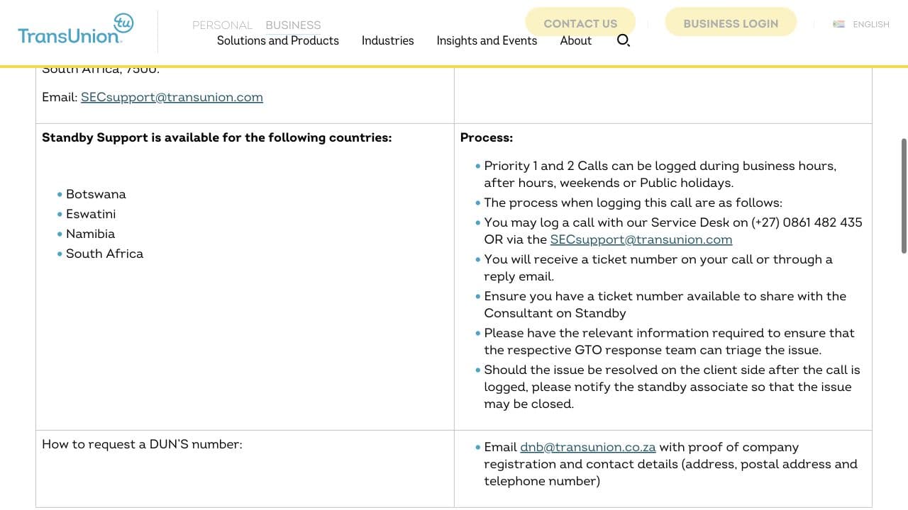 TransUnion South Africa contact page stating how to request a D-U-N-S Number