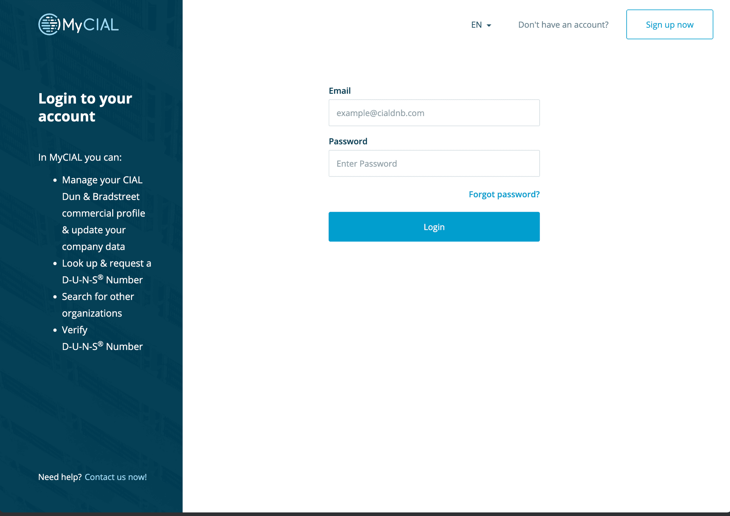 MyCIAL Dun and Bradstreet portal sign-in page for managing company details and D-U-N-S requests