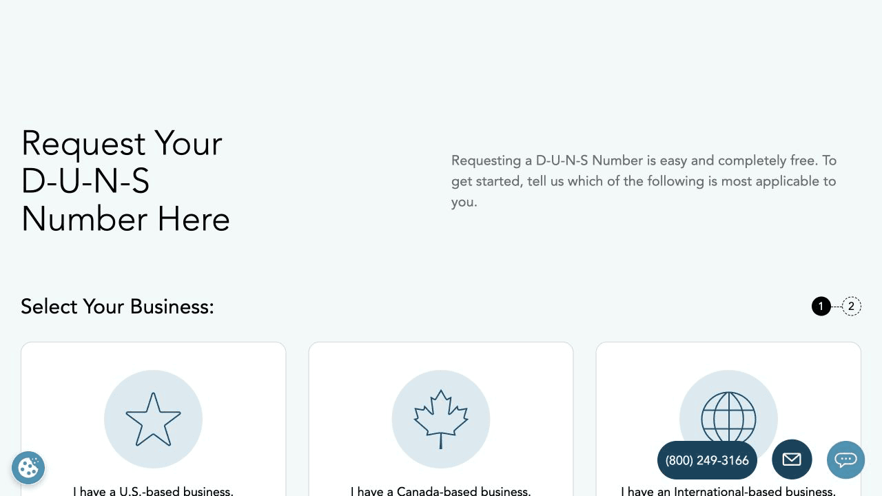 Dun and Bradstreet D-U-N-S request page asking the applicant to select a business location
