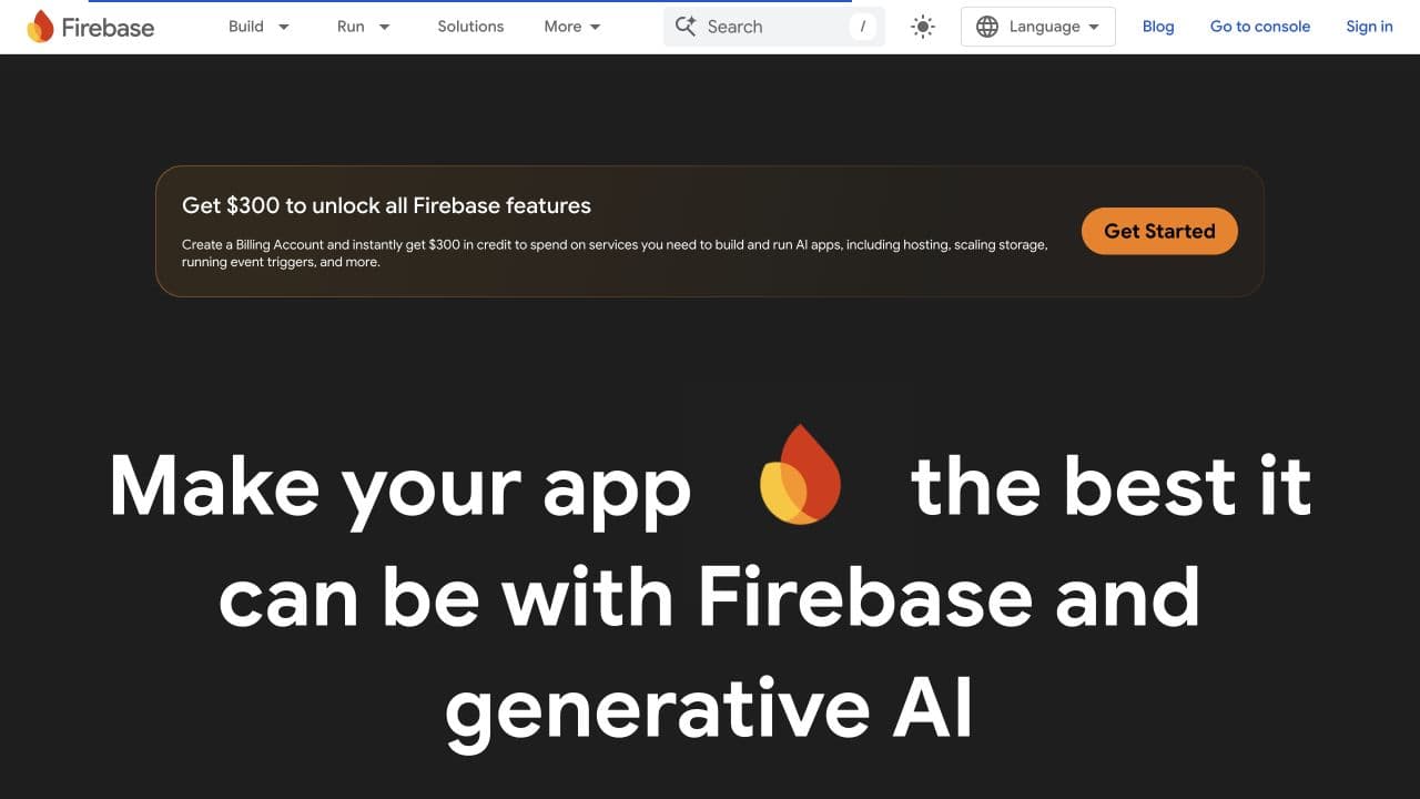 Firebase public home page with the Go to console entry point