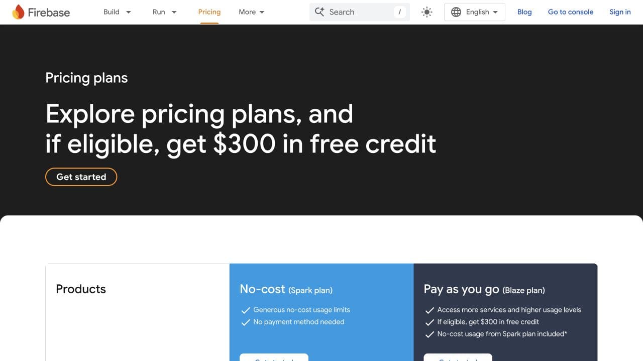 Firebase public pricing page comparing the Spark and Blaze plans