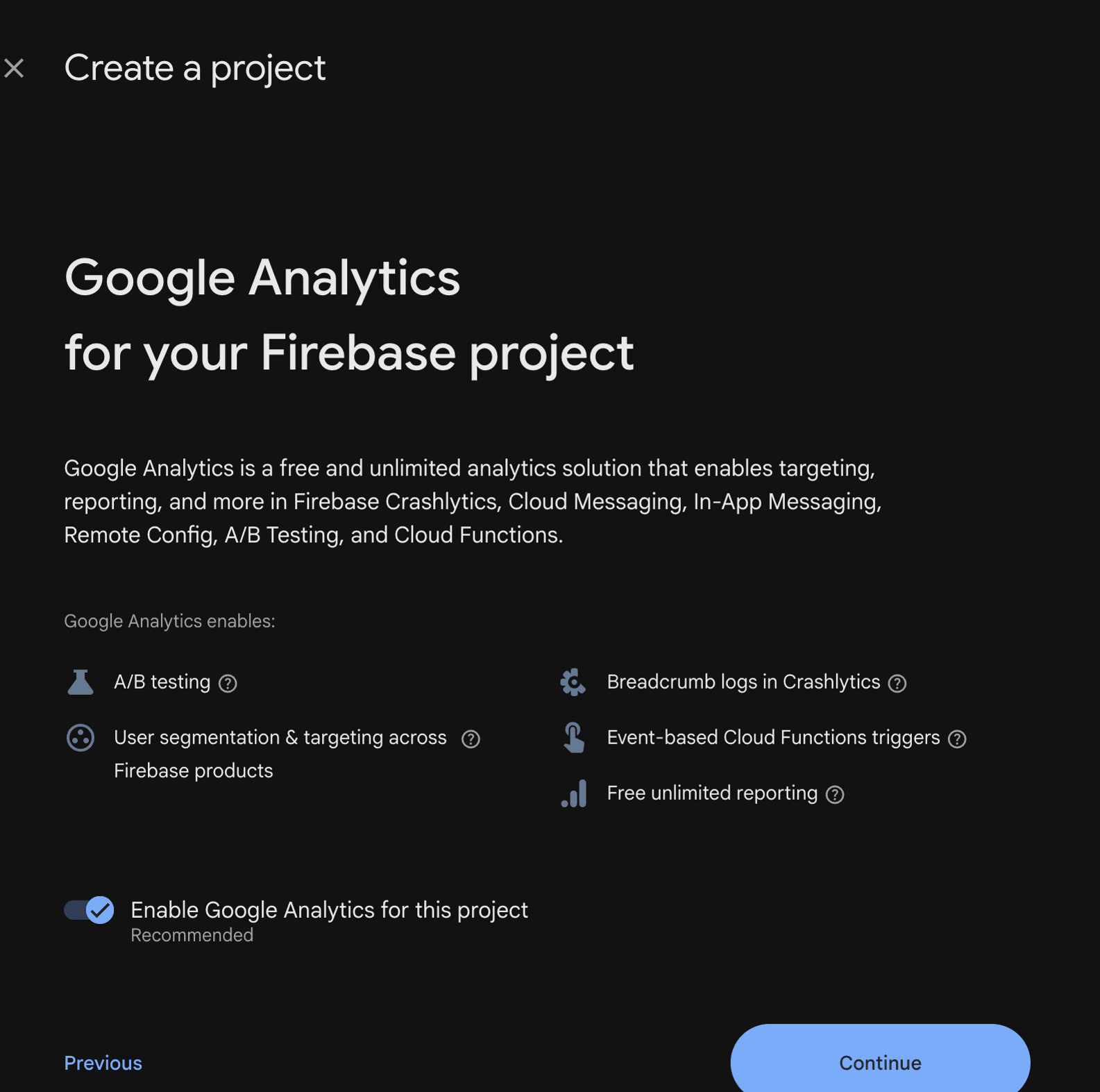 Firebase project setup screen asking whether to enable Google Analytics