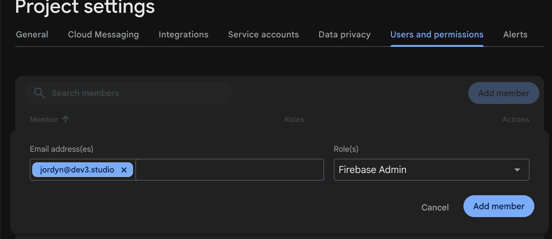 Firebase Add member form assigning the Firebase Admin role to a Dev3 Studio team member
