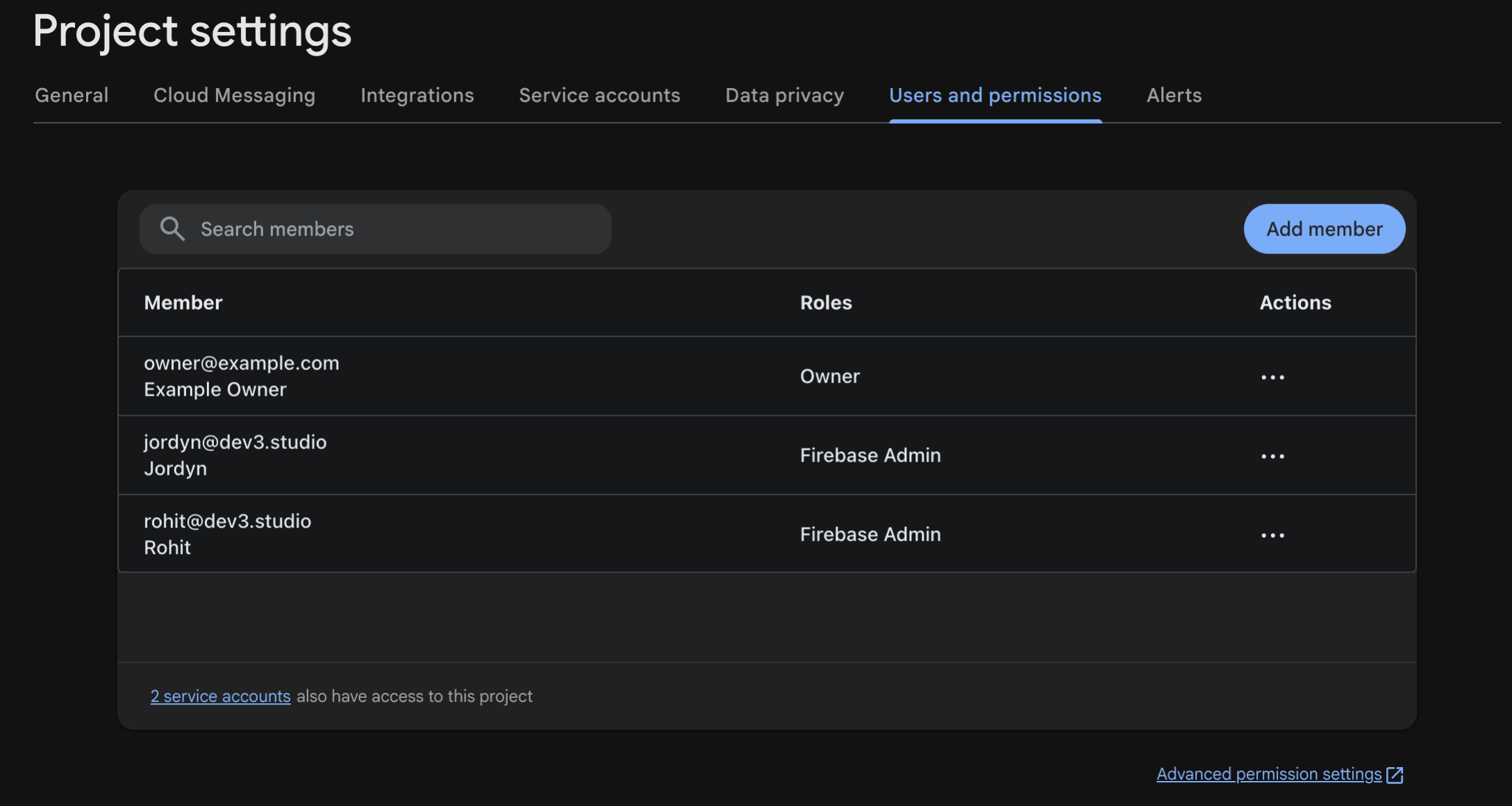 Firebase Users and permissions list showing both Dev3 Studio users as Firebase Admins