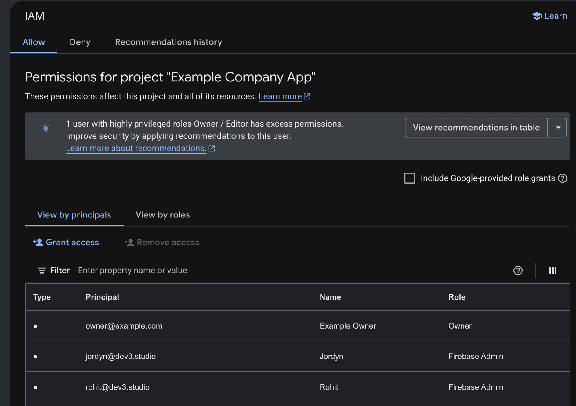 Google Cloud IAM for the Firebase project showing both Dev3 Studio principals