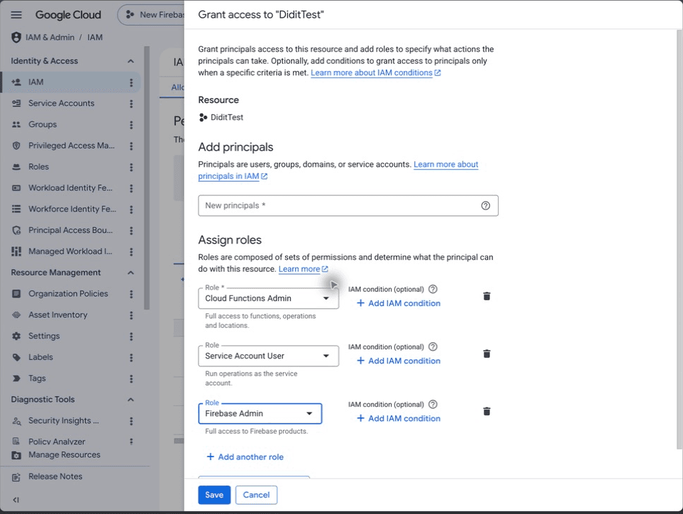 Google Cloud IAM edit access panel with Firebase Admin Cloud Functions Admin and Service Account User