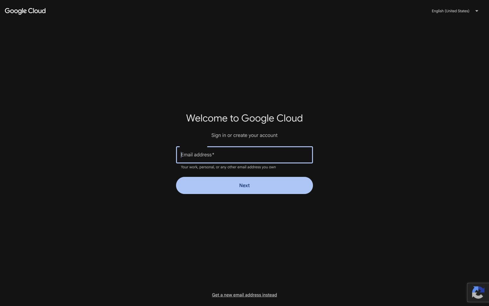 Google Cloud welcome screen with the email address field and Next button